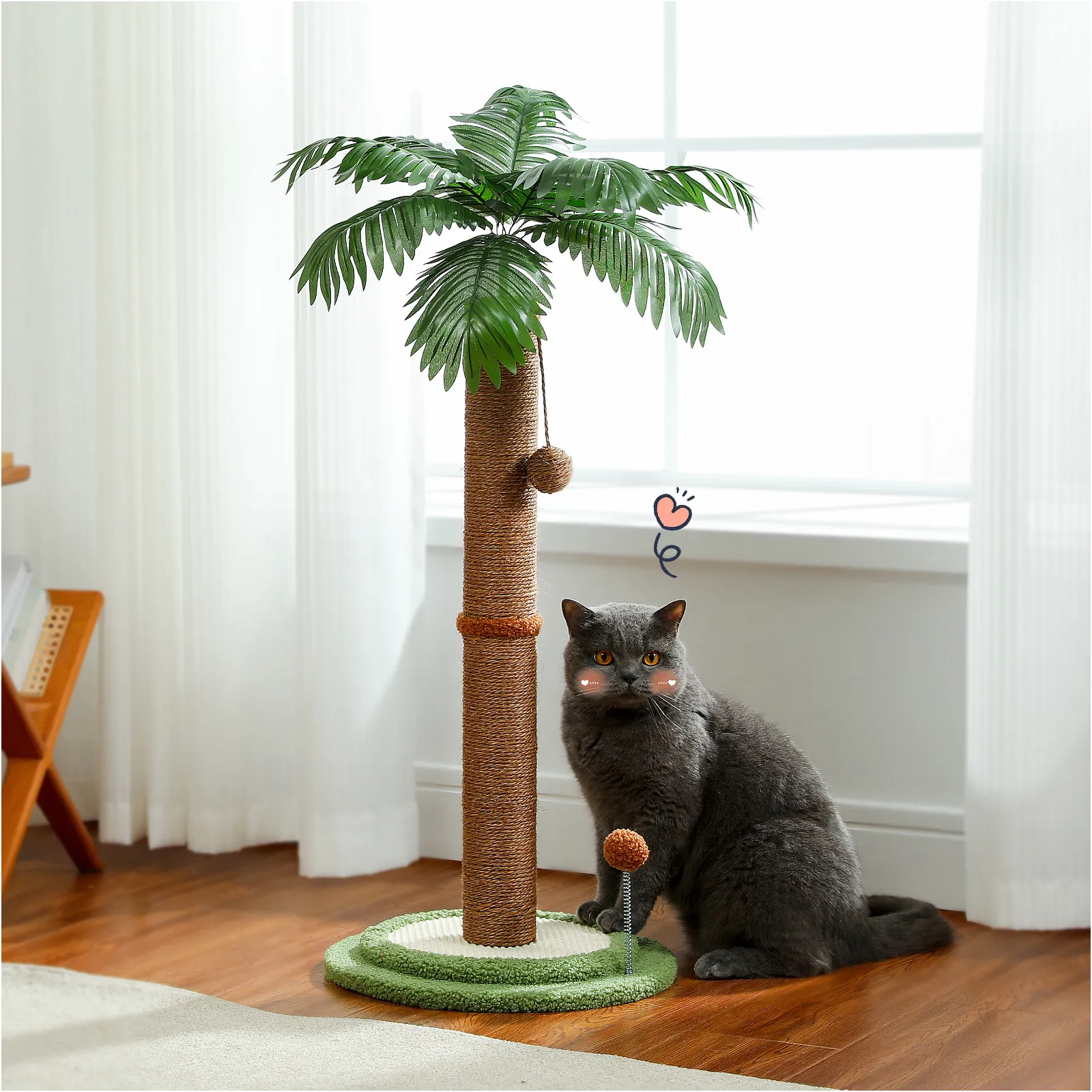 H85CM Tall Cat Scratching Post with Hanging Ball Simulated Green Leaves Sisal Rope for Indoor Large Durable Scratching Boards