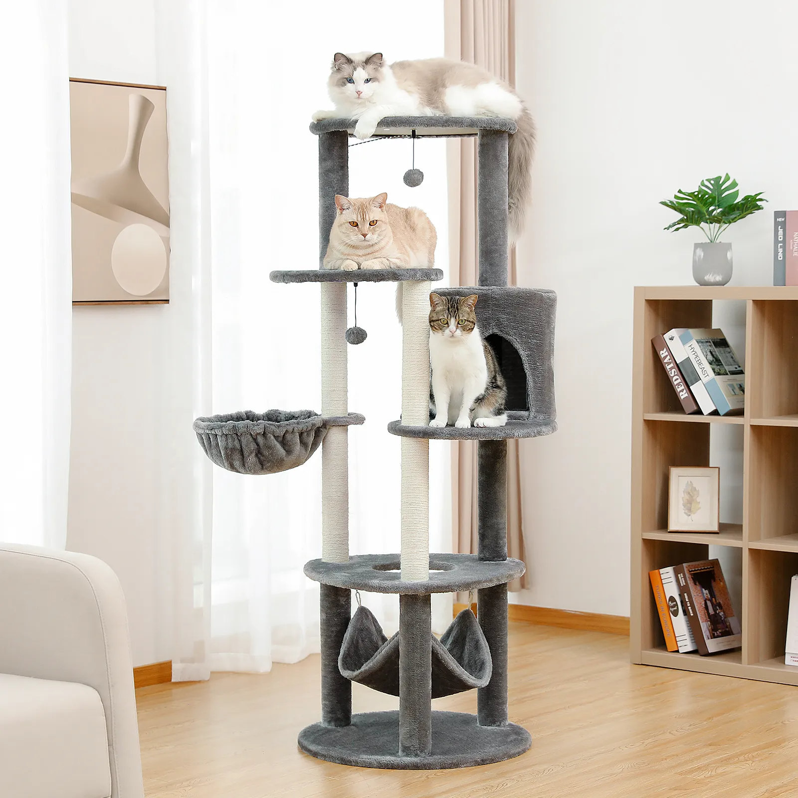 H152CM Large Cat Tree Tower Condo Perch Sisal Scratching Posts for Kitten Multi-Level Tower with Fully Ball Hummock Grey & Beige