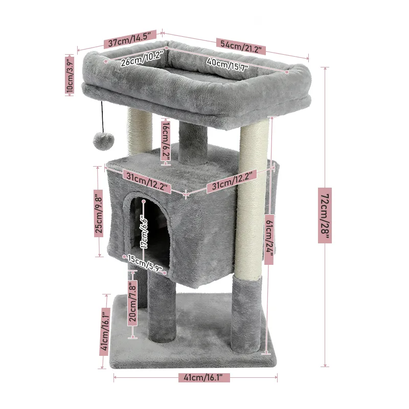 H72cm Pet Cat Tree Condo Large Top Perch Climbing Tower Multi-layer With Ball Hammock Furniture Solid Natural Scratching Post