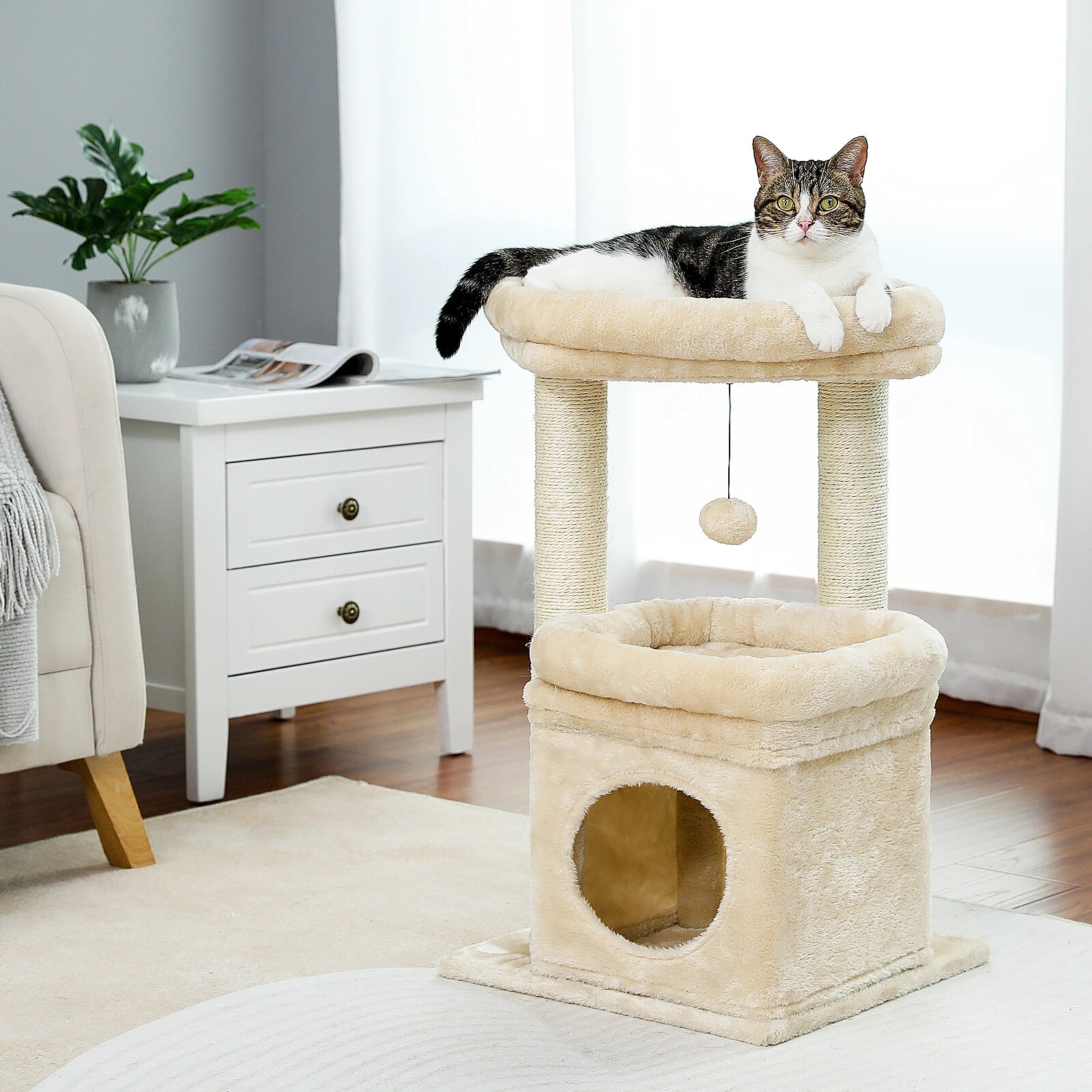 H68cm Small Cat Tree Condo for Indoor Hanging Ball Tower Large Top Perch Warm Cozy Home Sisal Scratching Post rascadores de gato