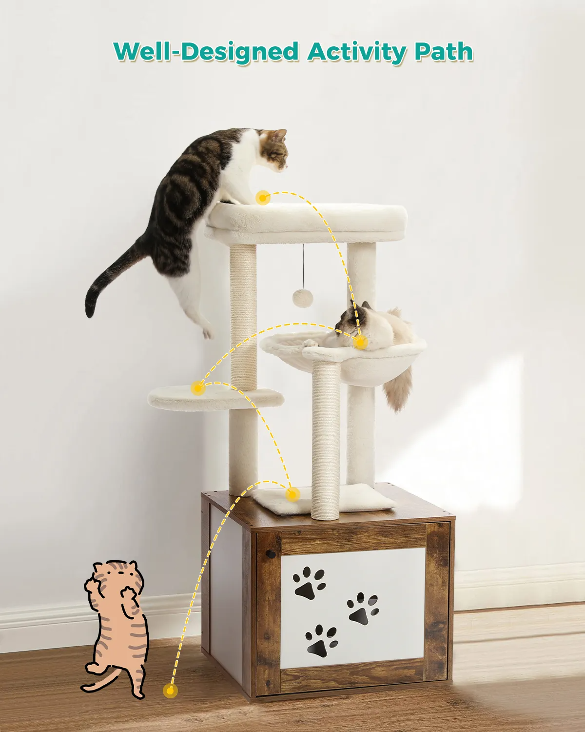 Height 117CM Luxury Modern Cat Tree with Cabinet Tower Wood Furniture with Litter Box Enclosure House Large Top Perch Nest Condo