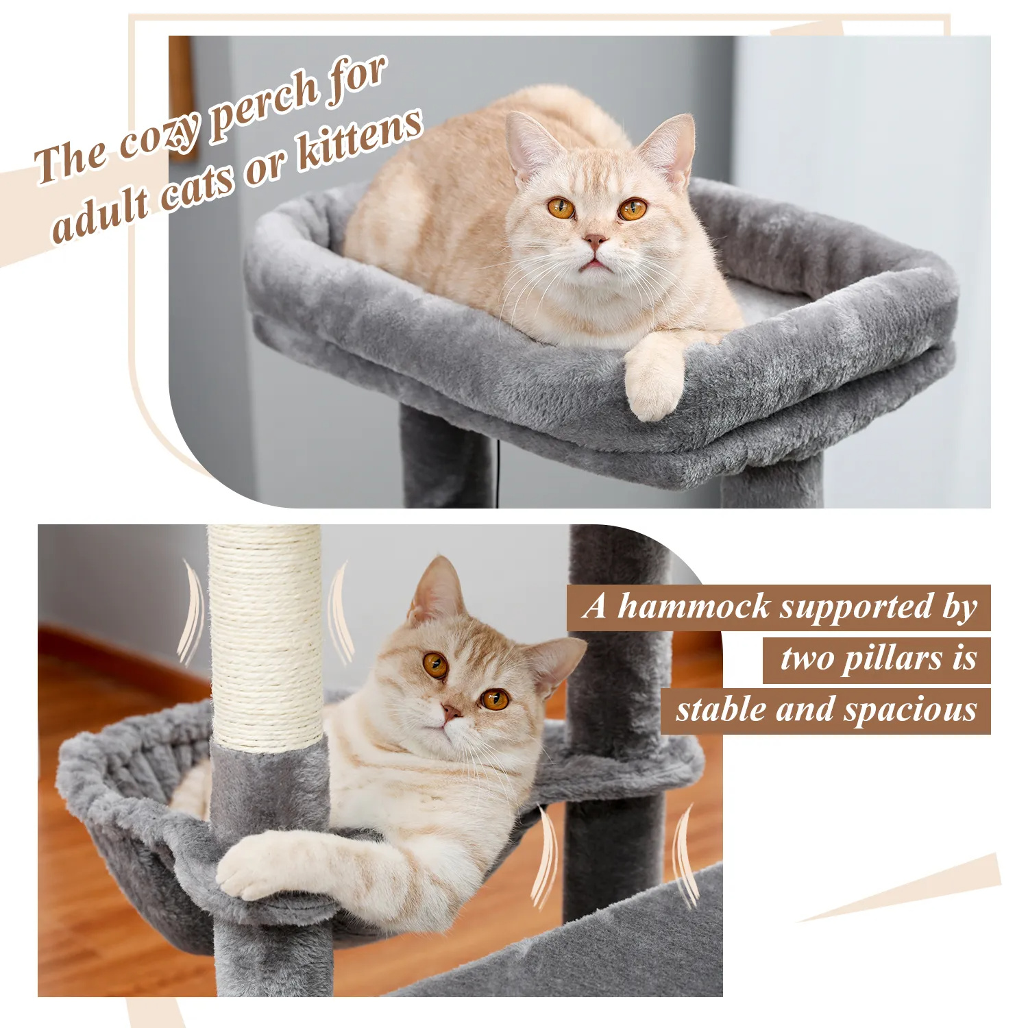 H138CM Luxury Cat Tree for Indoor Multi-Level Tower Double Condo Top Large Perch Comfy Hummock Natural Sisal Scratching Post Toy