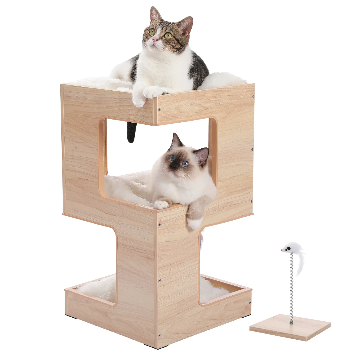 Modern Cat Tree with Scratcher Board Furniture Bed 3 Levels Spacious Top Scratching Pad Stand House Removable Soft Cushion Toys