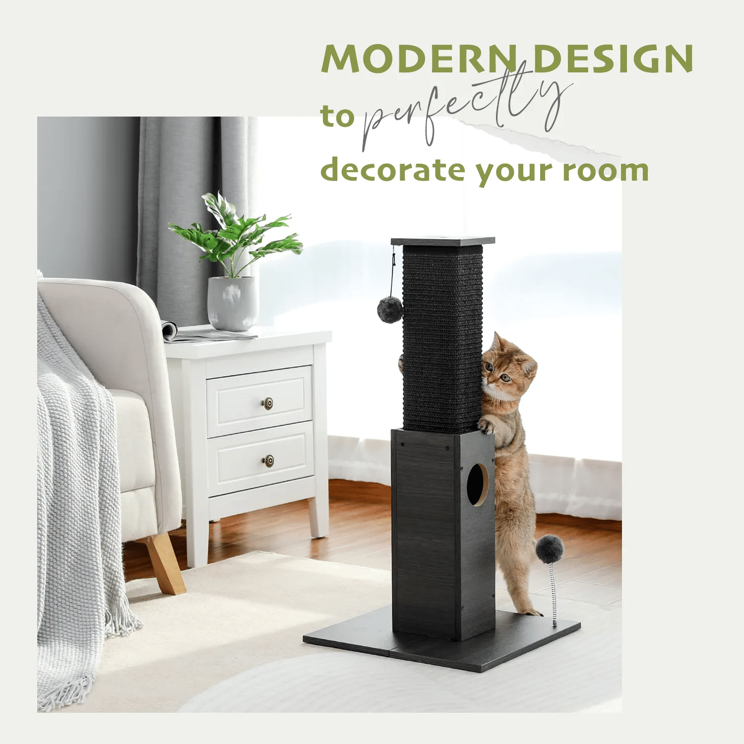 H75cm Cat Scratching Post Indoor with Plush Ball Multi-functional Tall Cat Tree Natural Durable Sisal for Cats Kitten Climbing