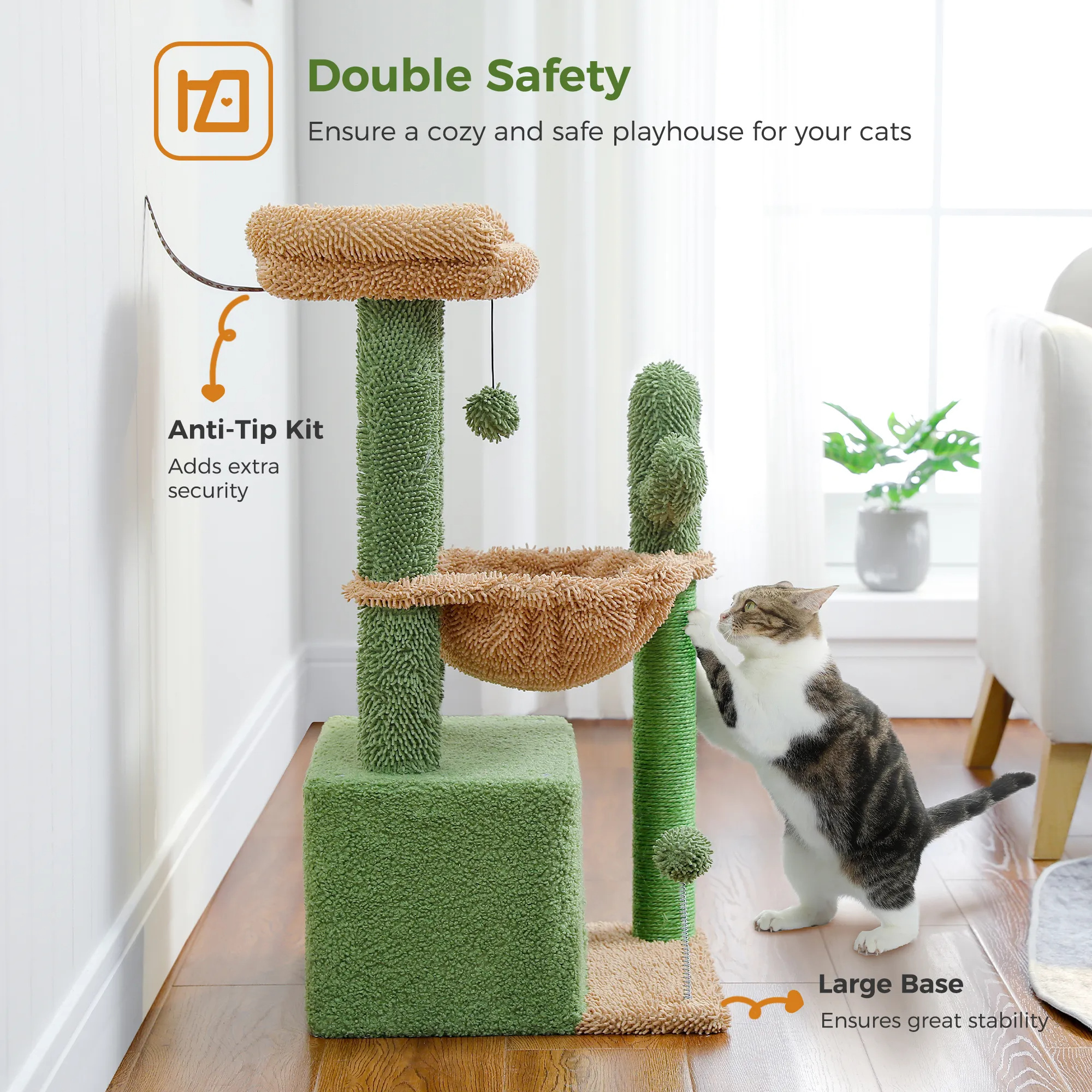 H107/83CM 2 Size Cactus Cat Tree for Indoor Cat Tower Toy Large Top Perch Sisal Covered Scratching Posts& Pad Hummock Big Condo