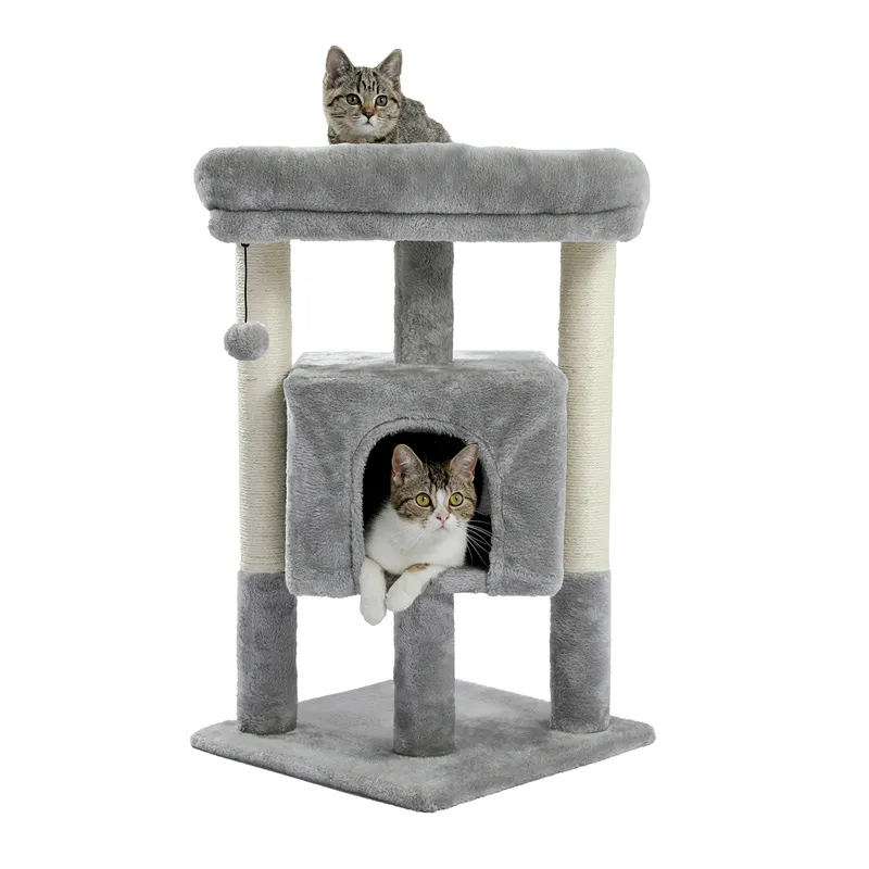 H72cm Pet Cat Tree Condo Large Top Perch Climbing Tower Multi-layer With Ball Hammock Furniture Solid Natural Scratching Post