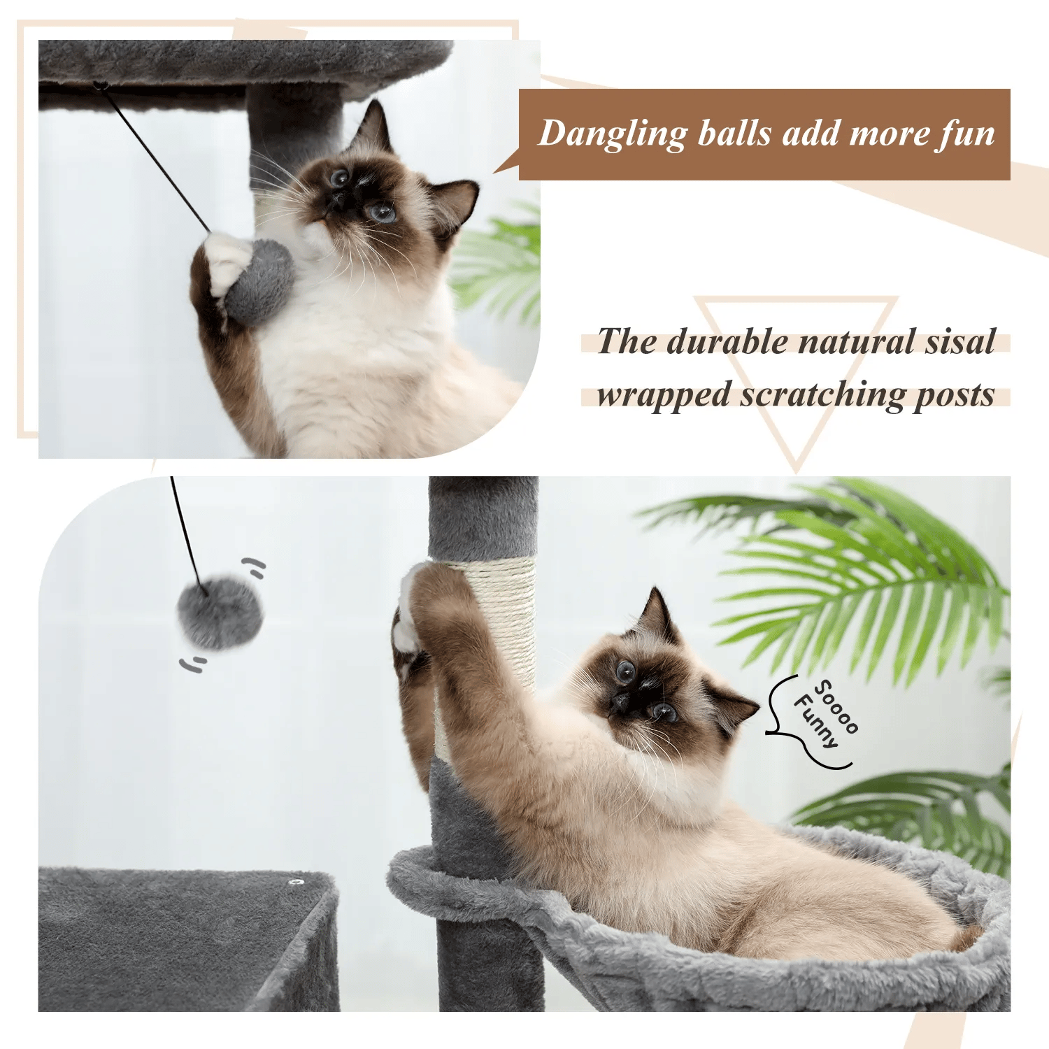 H138CM Luxury Cat Tree for Indoor Multi-Level Tower Double Condo Top Large Perch Comfy Hummock Natural Sisal Scratching Post Toy