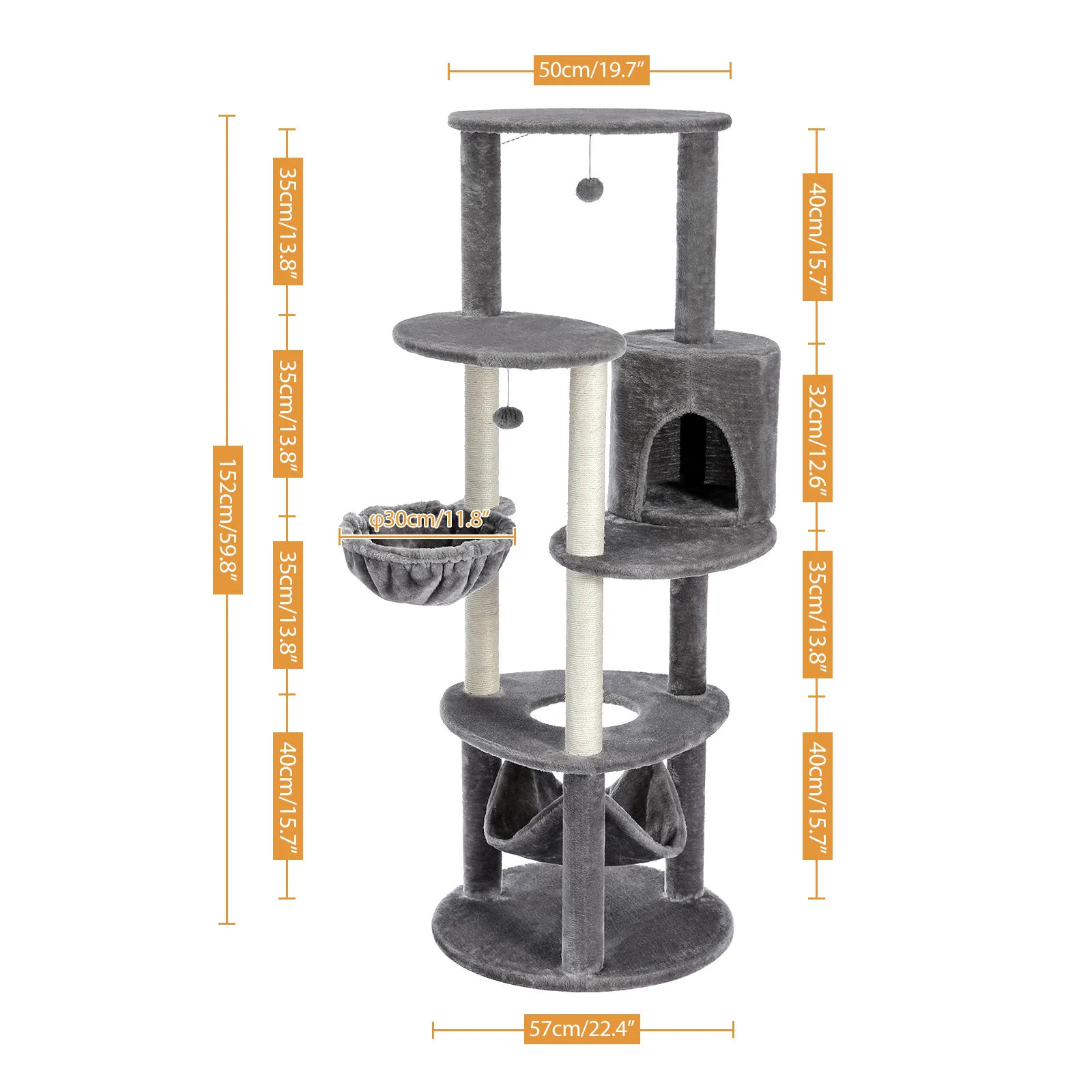 H152CM Large Cat Tree Tower Condo Perch Sisal Scratching Posts for Kitten Multi-Level Tower with Fully Ball Hummock Grey & Beige