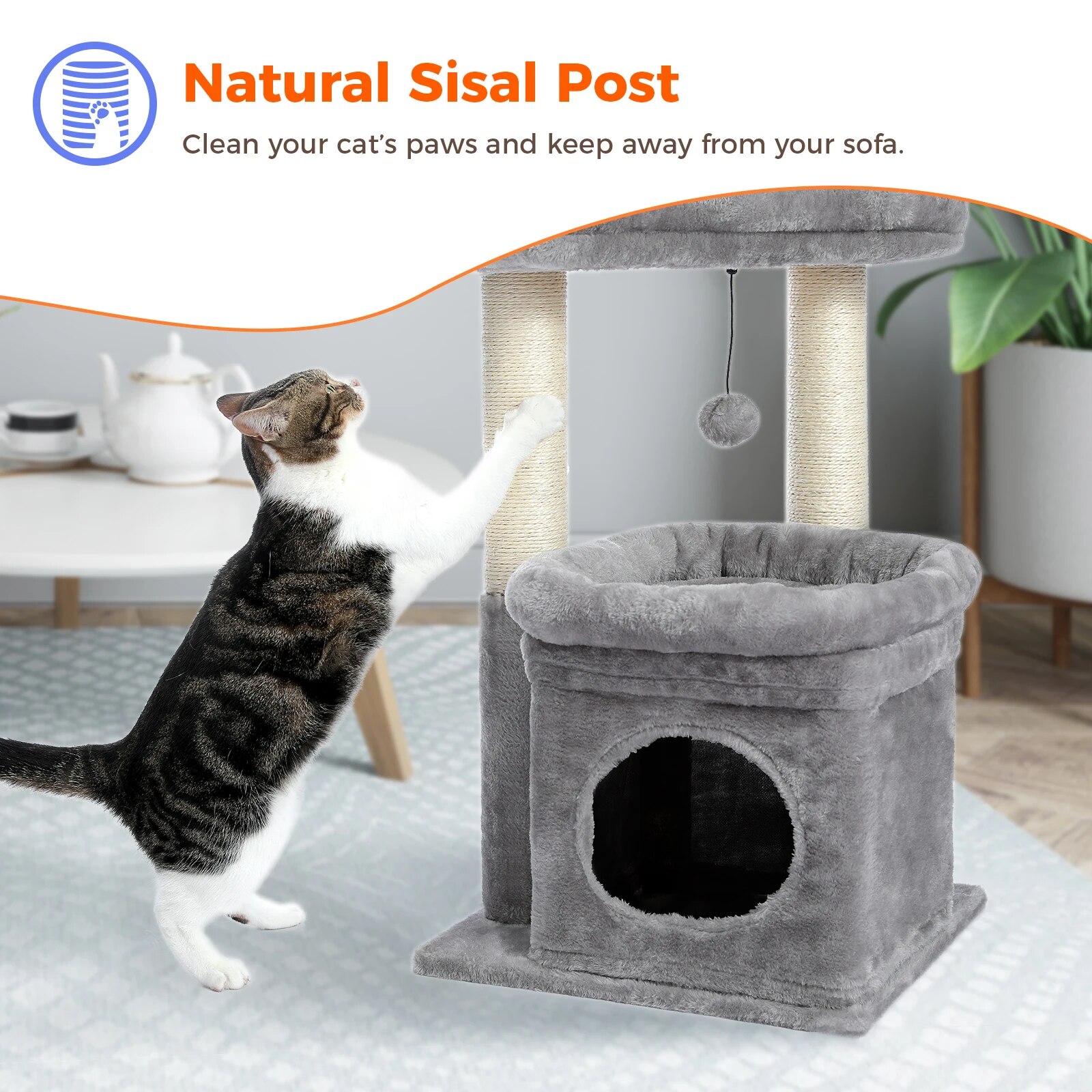 H68cm Small Cat Tree Condo for Indoor Hanging Ball Tower Large Top Perch Warm Cozy Home Sisal Scratching Post rascadores de gato