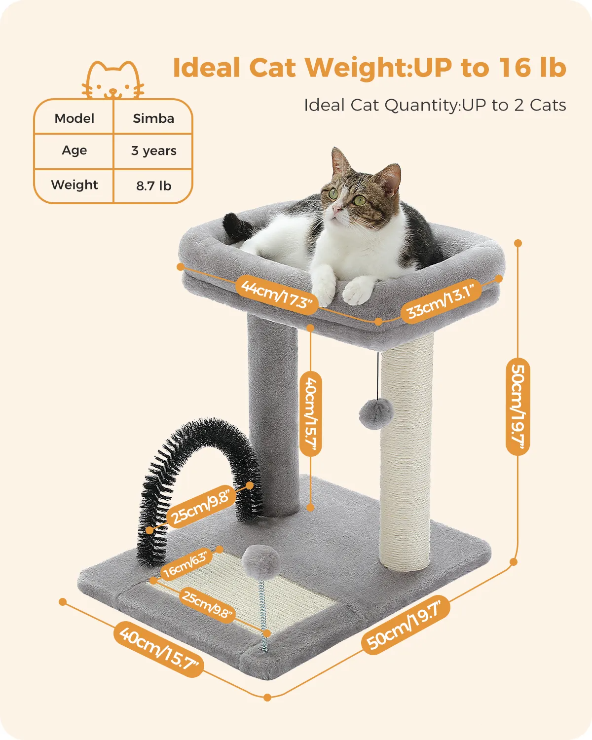 H50CM Small Cat Tree with Natural Sisal-Covered Scratching Post for Indoor Large Perch Self Grooming Brush Scratching Board ball