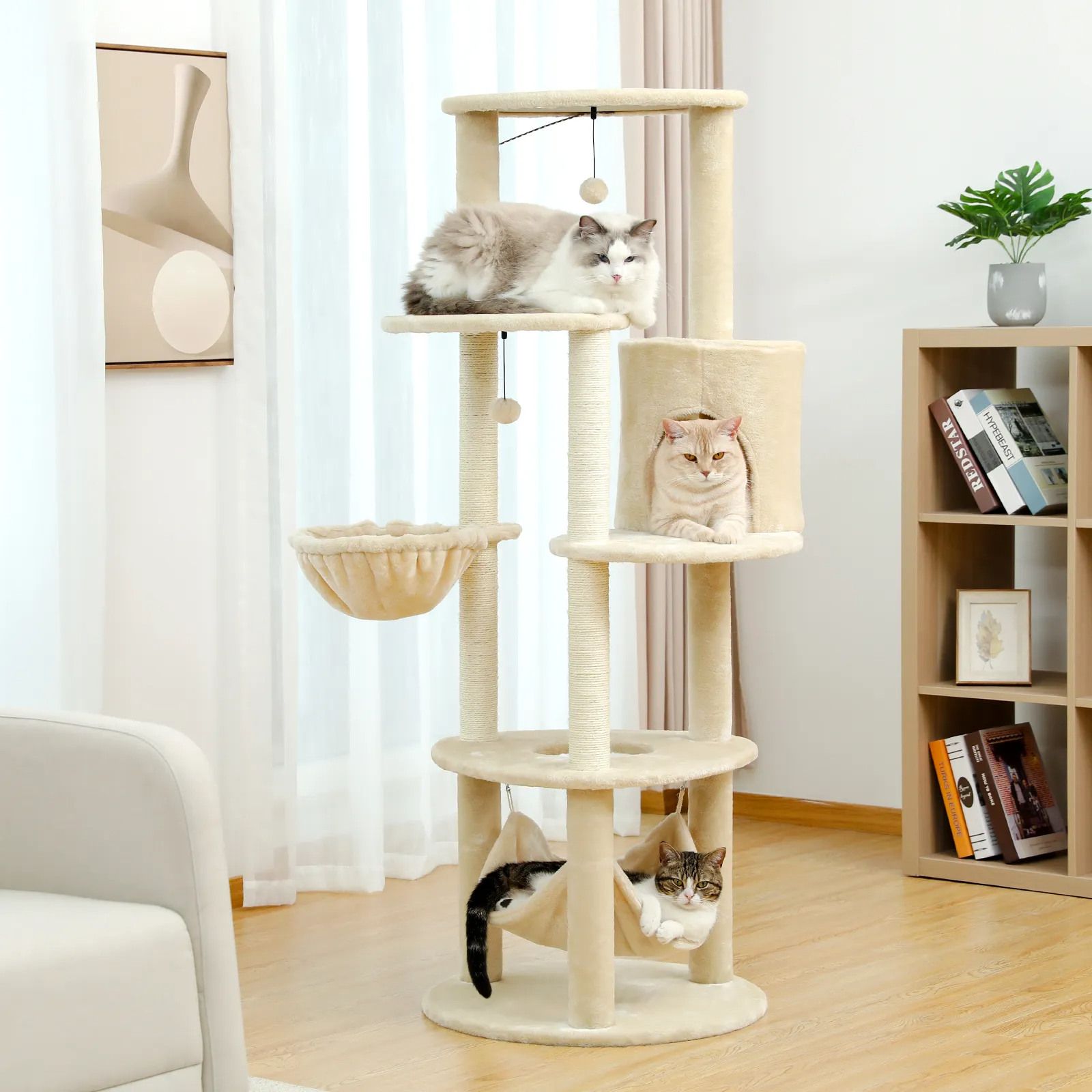 H152CM Large Cat Tree Tower Condo Perch Sisal Scratching Posts for Kitten Multi-Level Tower with Fully Ball Hummock Grey & Beige