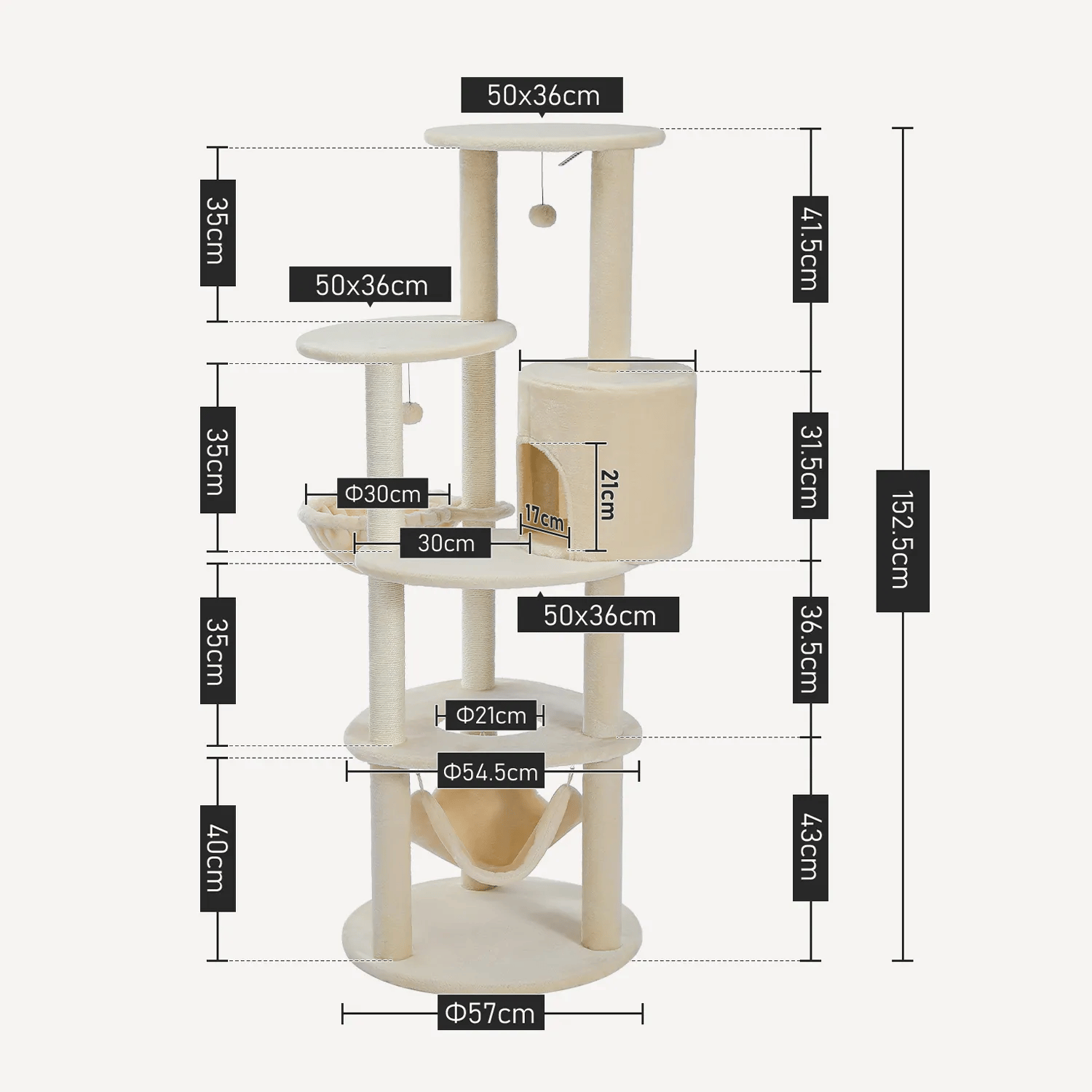 H152CM Large Cat Tree Tower Condo Perch Sisal Scratching Posts for Kitten Multi-Level Tower with Fully Ball Hummock Grey & Beige