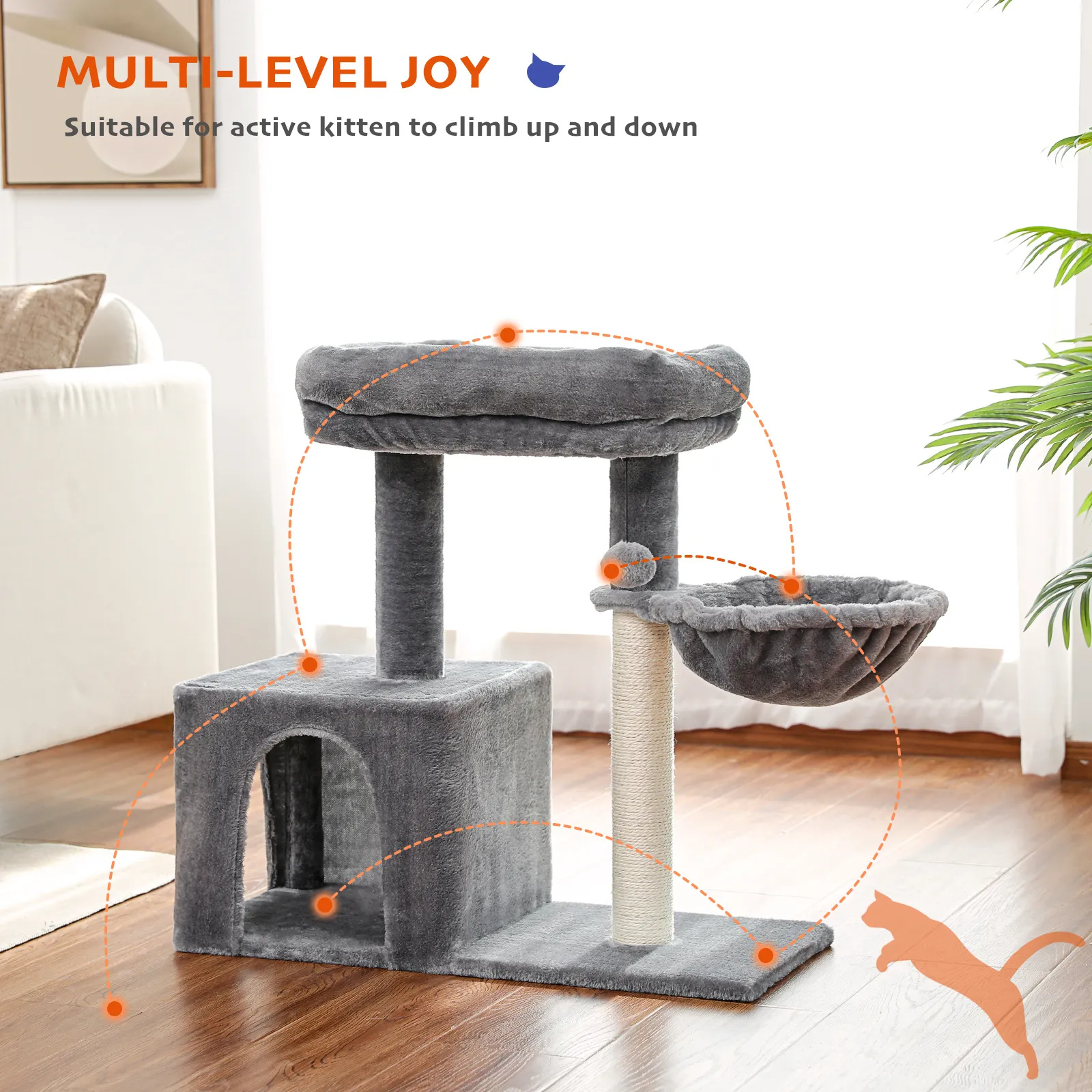 H70cm Cat Tree Condo with Natural Sisal-Covered Scratching Posts for Active Cat Indoor Kitten Large Top Perch Cozy Hummock House