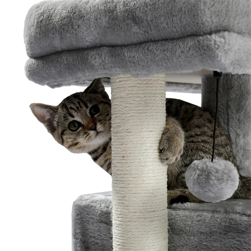 H72cm Pet Cat Tree Condo Large Top Perch Climbing Tower Multi-layer With Ball Hammock Furniture Solid Natural Scratching Post