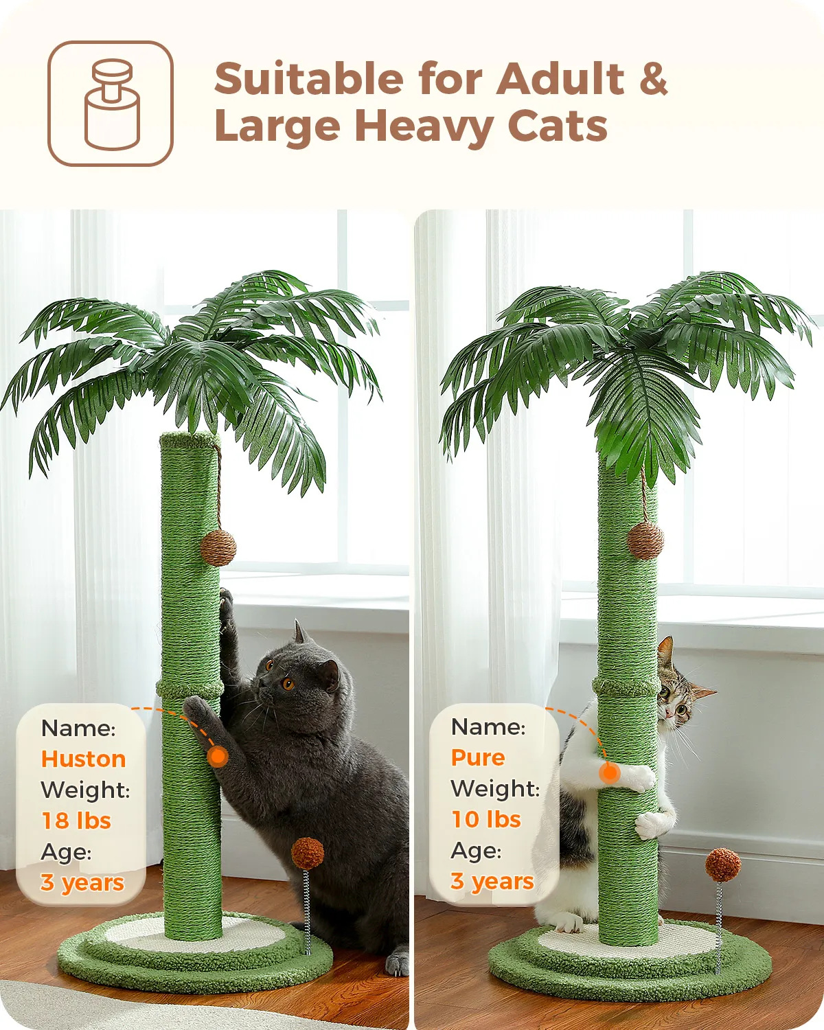 H85CM Tall Cat Scratching Post with Hanging Ball Simulated Green Leaves Sisal Rope for Indoor Large Durable Scratching Boards