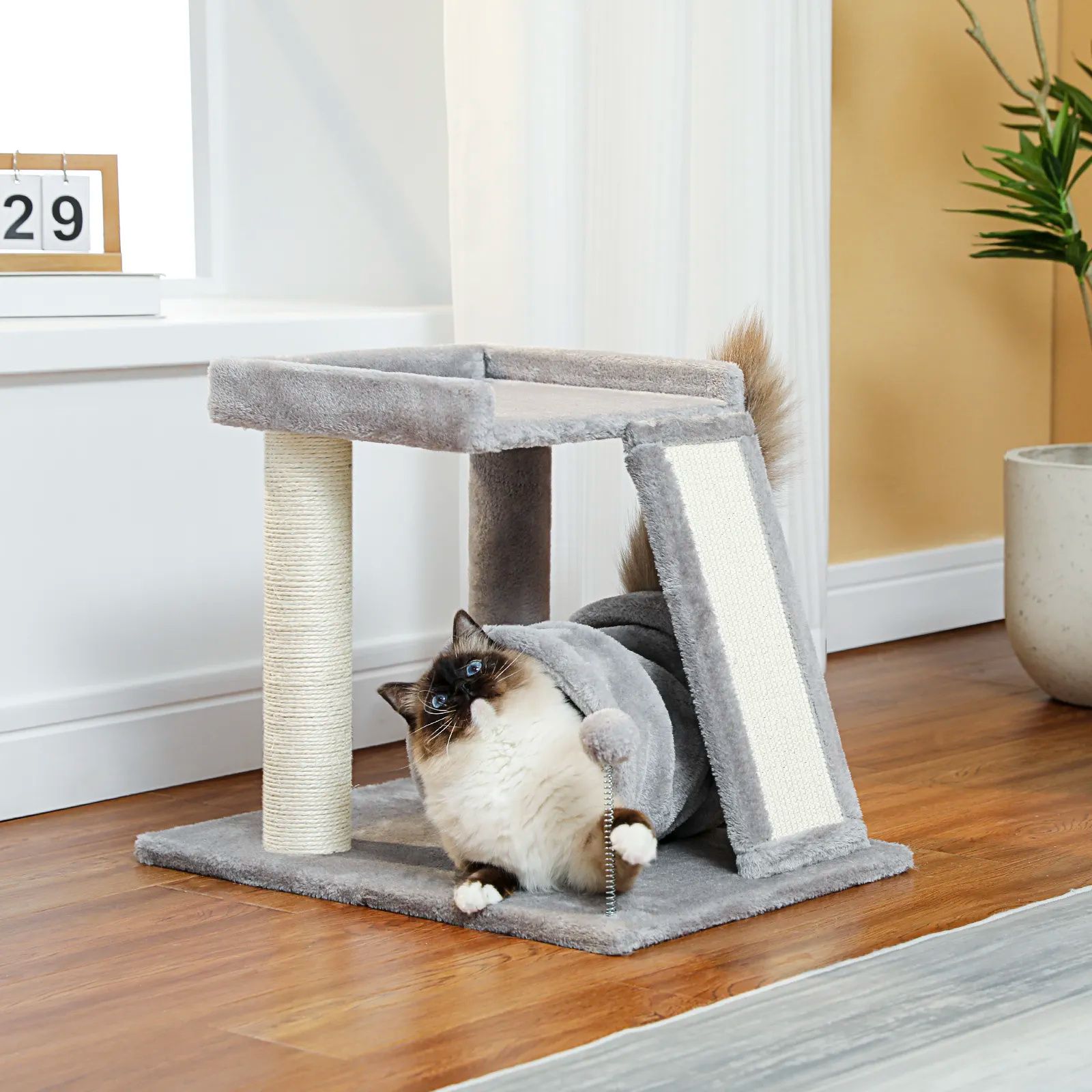 Small Cat Tree with Playing Tunnel 4-in-1 Cat Tower Sisal Scratching Post with Large Top Perch and Scratching Board for Indoor
