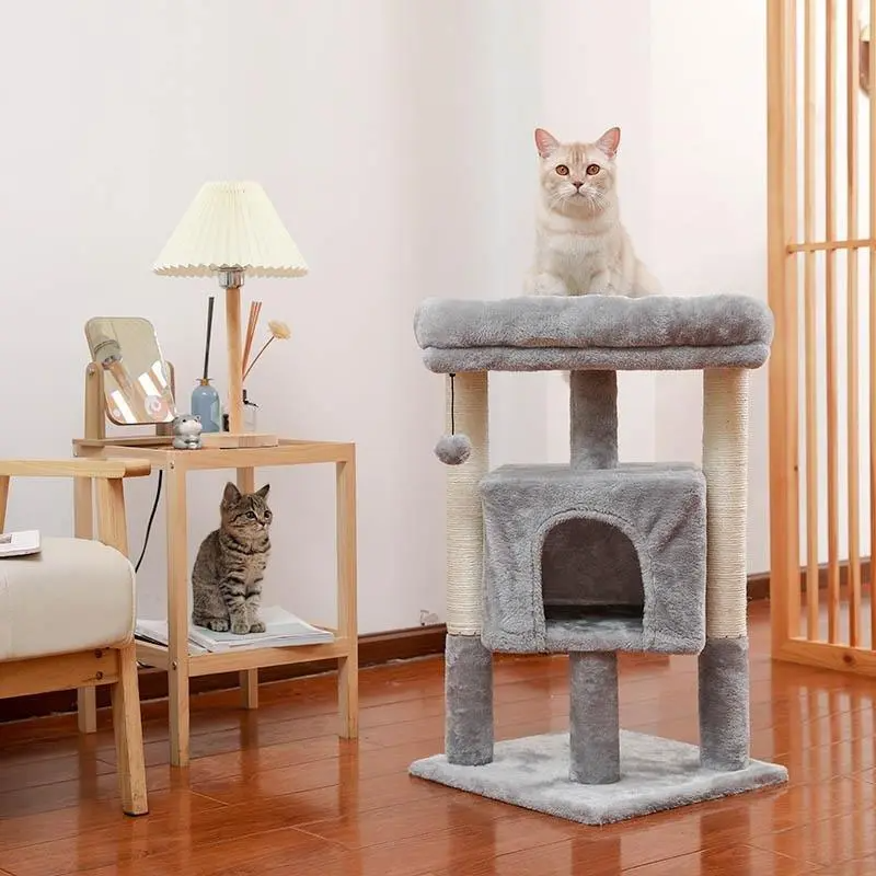 H72cm Pet Cat Tree Condo Large Top Perch Climbing Tower Multi-layer With Ball Hammock Furniture Solid Natural Scratching Post