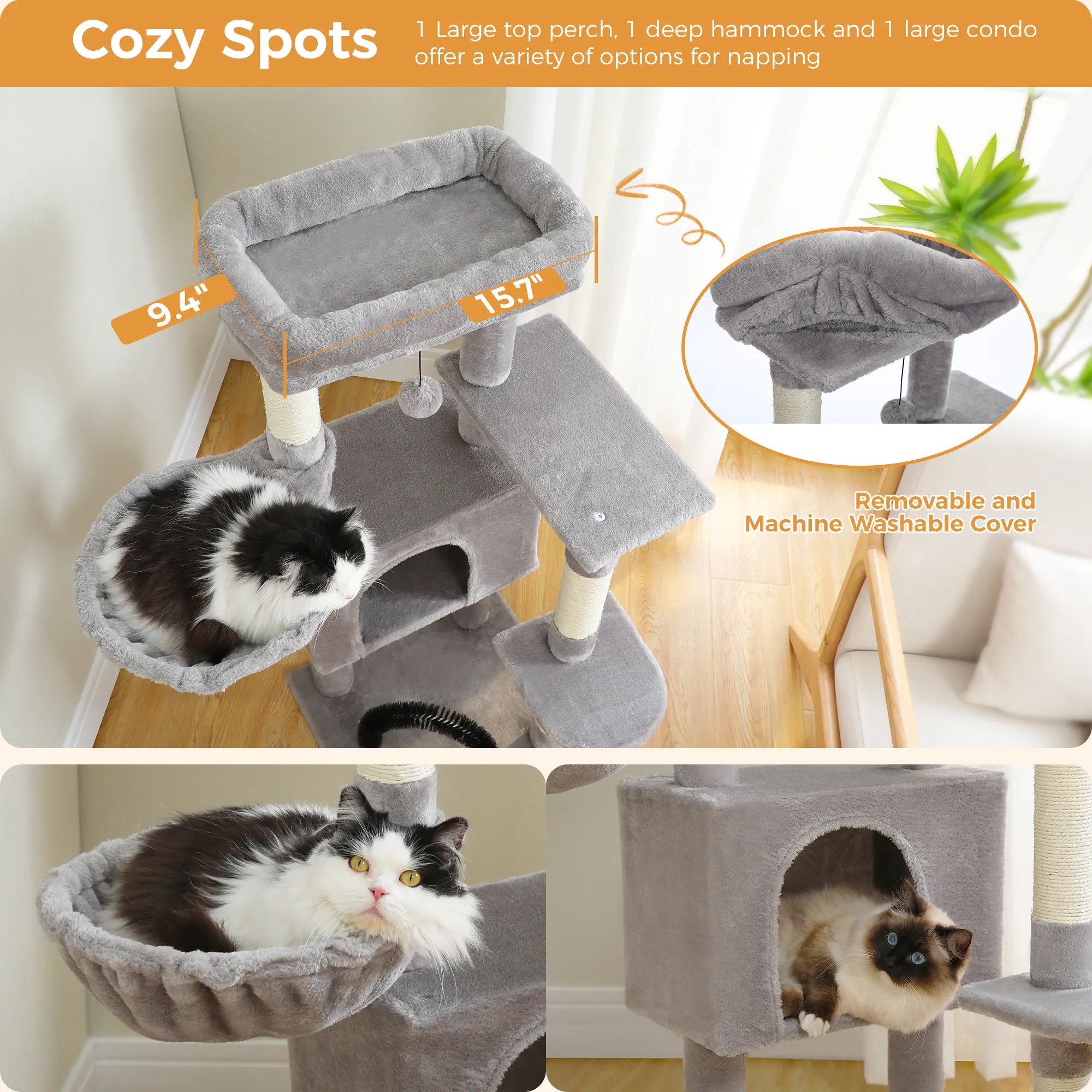 H120CM Cat Tree Condo for Indoor Self Grooming Brush Sisal Scratching Post Soft Perch House and Hanging Ball Toy Cozy Hummock