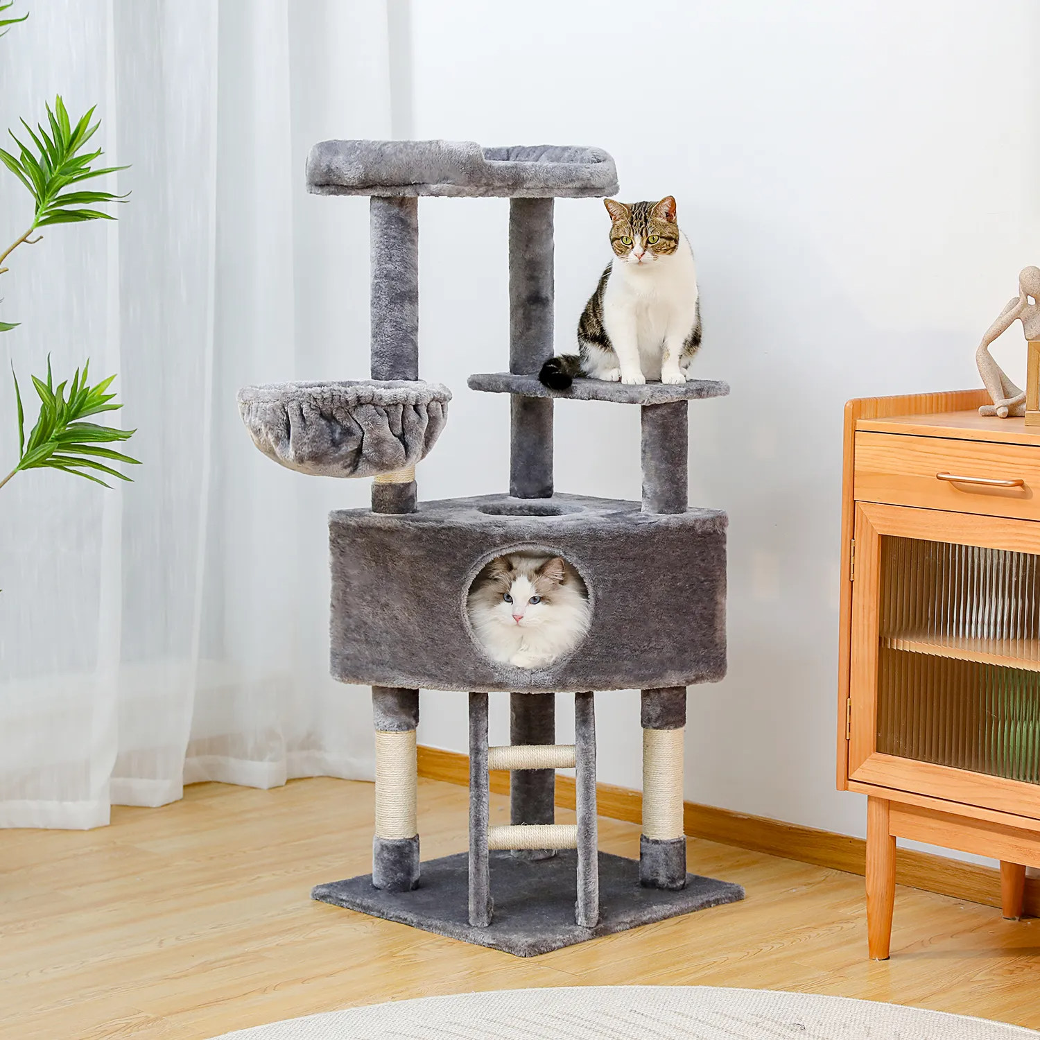 H120CM Cat Tree Condo for Indoor Self Grooming Brush Sisal Scratching Post Soft Perch House and Hanging Ball Toy Cozy Hummock