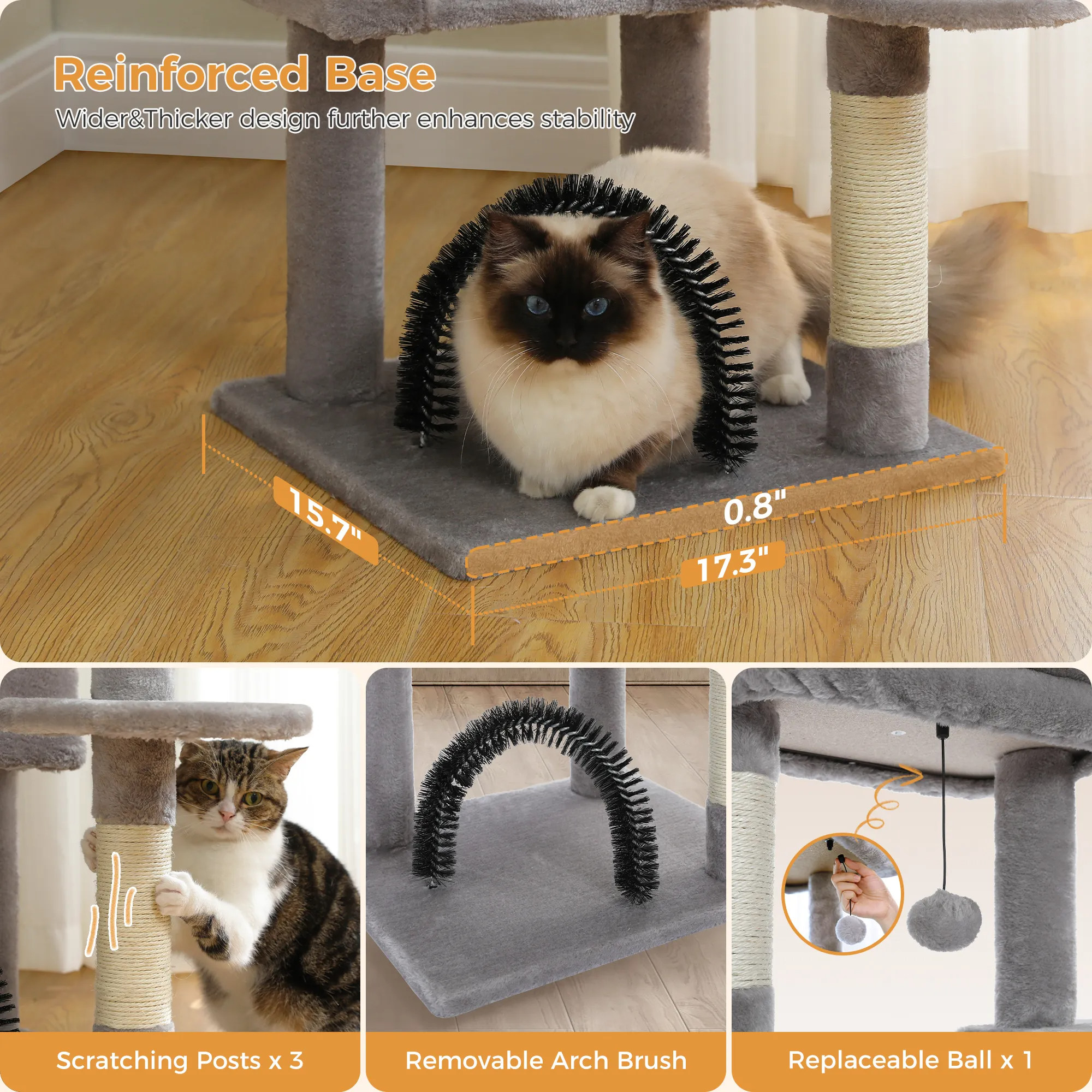 H120CM Cat Tree Condo for Indoor Self Grooming Brush Sisal Scratching Post Soft Perch House and Hanging Ball Toy Cozy Hummock