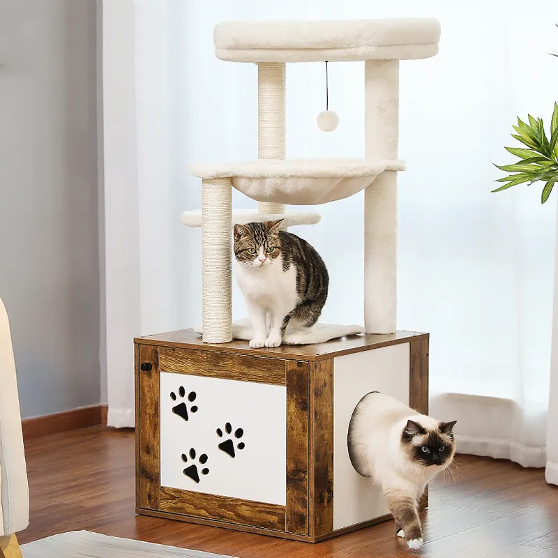 Height 117CM Luxury Modern Cat Tree with Cabinet Tower Wood Furniture with Litter Box Enclosure House Large Top Perch Nest Condo
