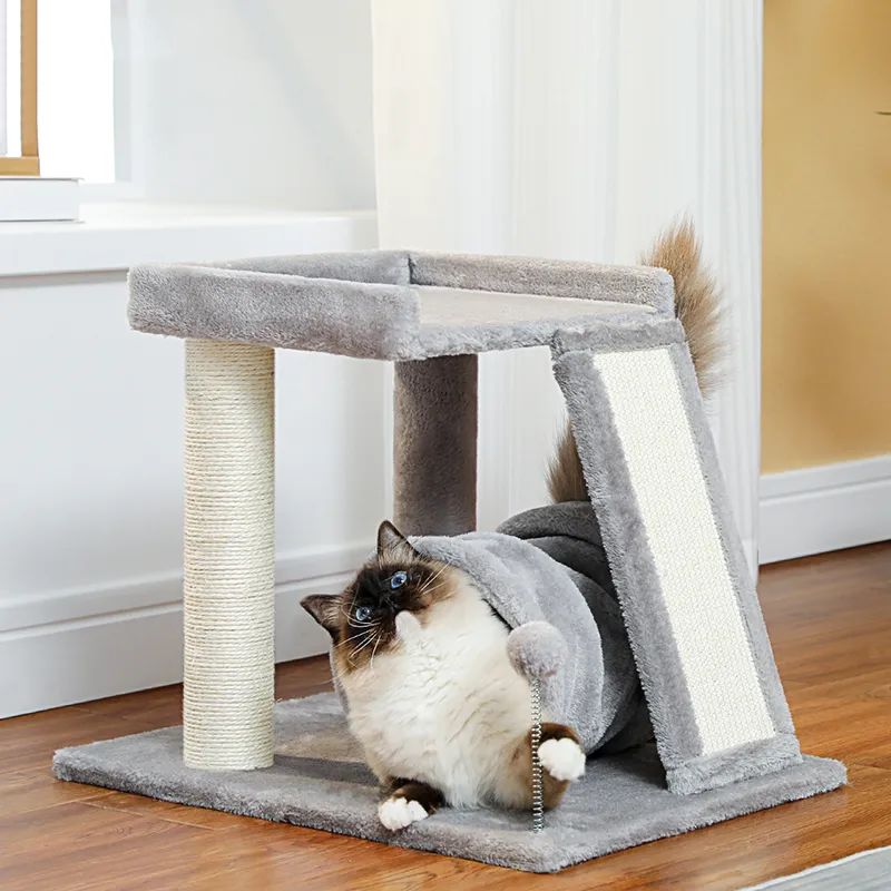 Small Cat Tree with Playing Tunnel 4-in-1 Cat Tower Sisal Scratching Post with Large Top Perch and Scratching Board for Indoor