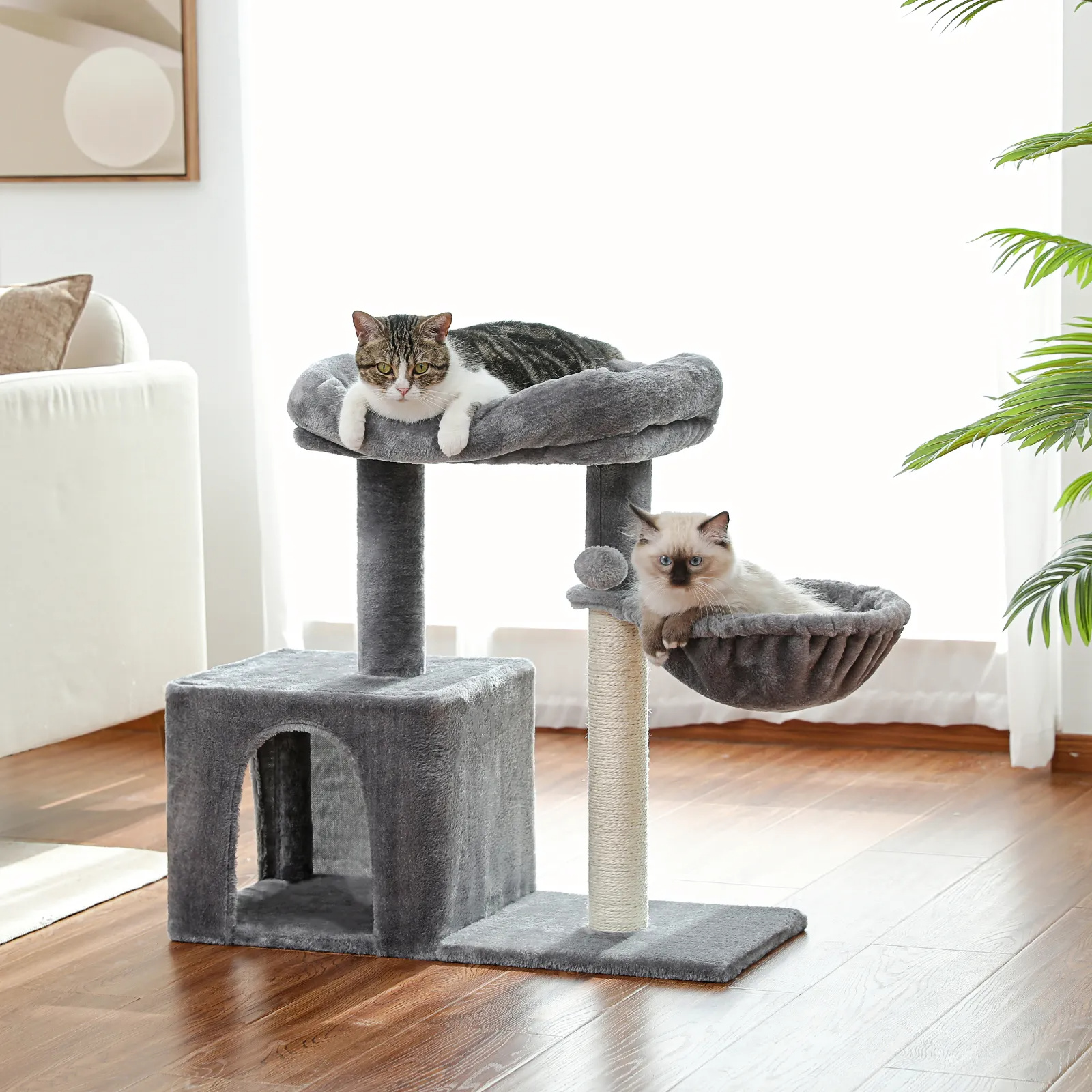 H70cm Cat Tree Condo with Natural Sisal-Covered Scratching Posts for Active Cat Indoor Kitten Large Top Perch Cozy Hummock House