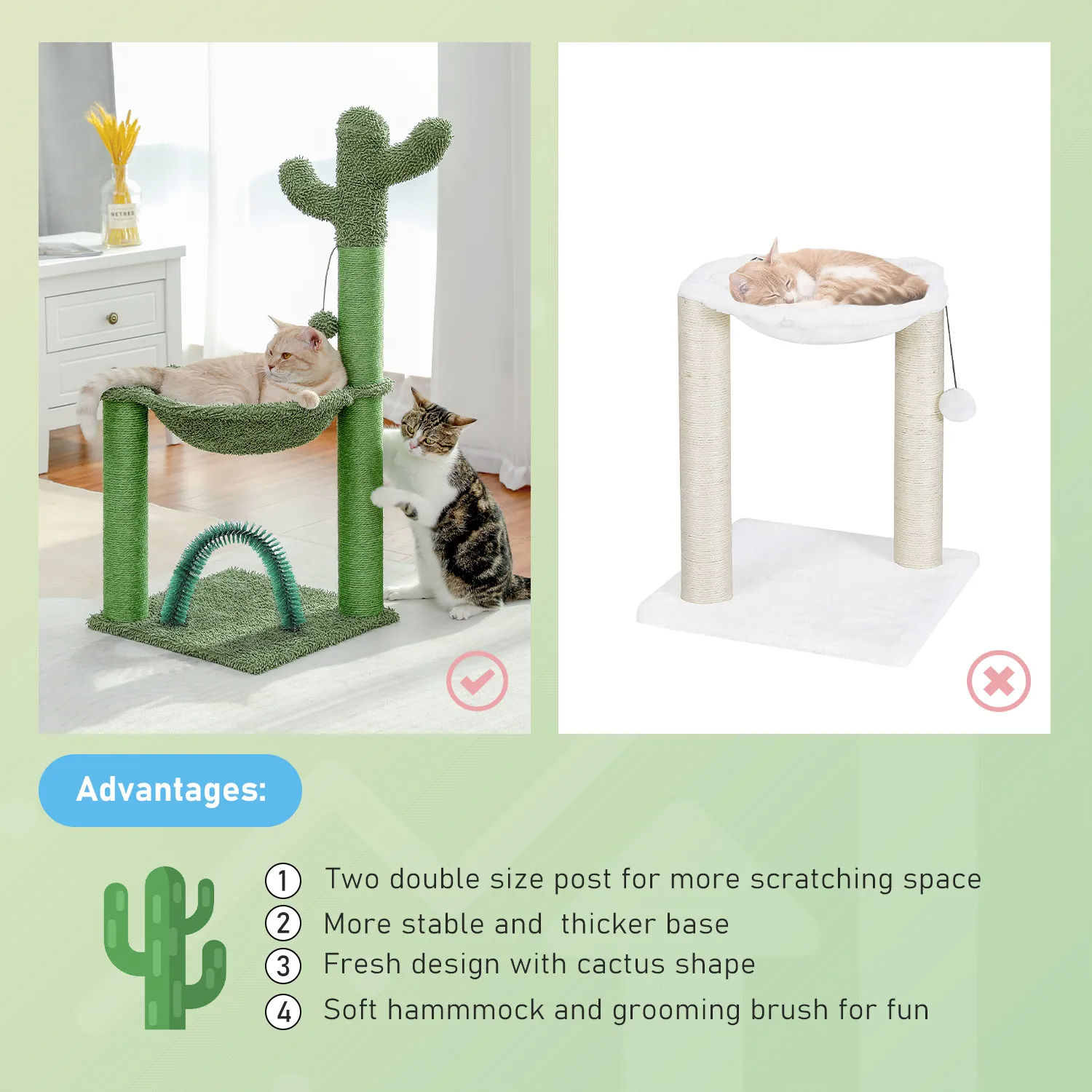 H84CM Small Cactus Cat Tree Tower for Indoor Cozy Hammock Scratching Post Self Groomer for Kitty Durable Stable Large Perch Ball