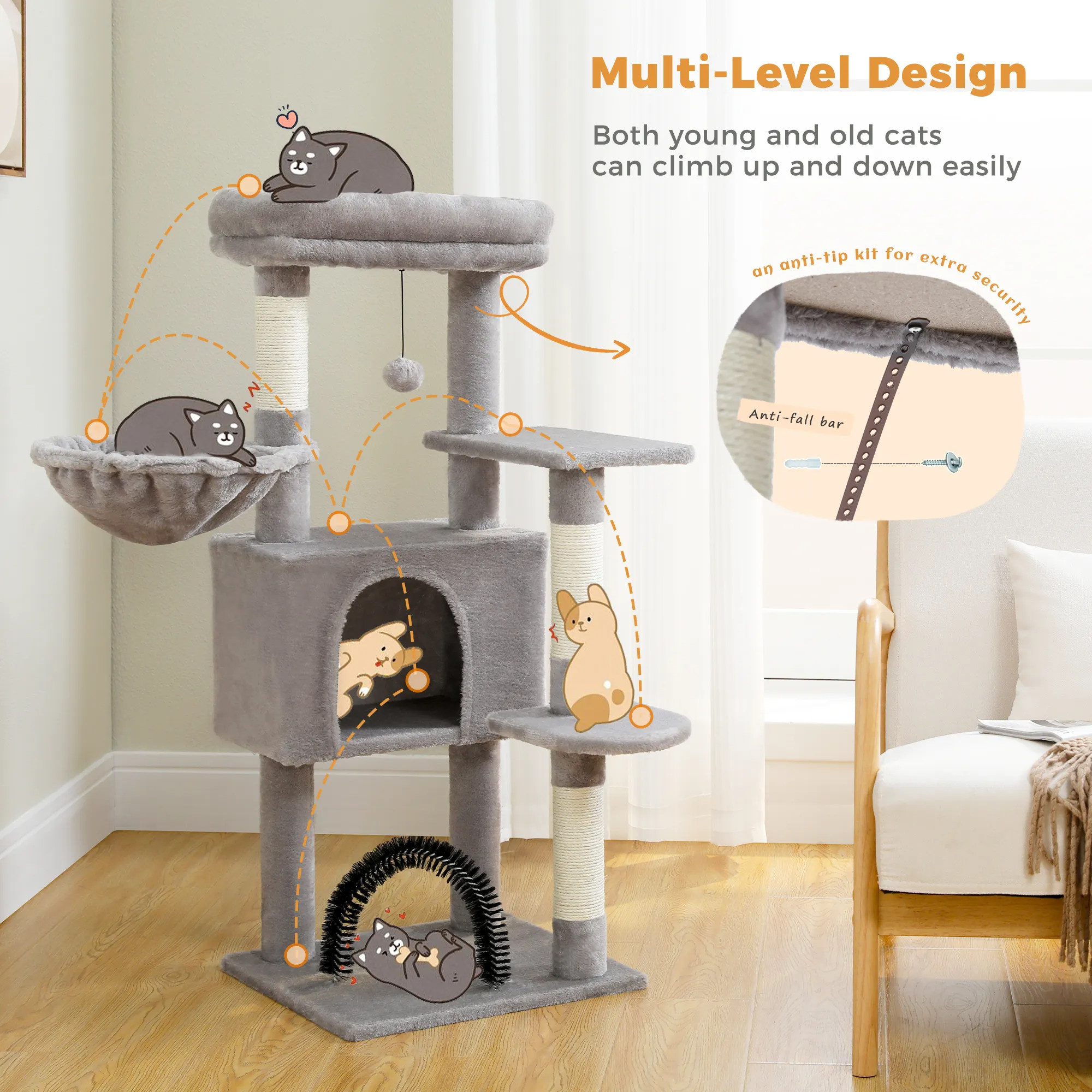 H120CM Cat Tree Condo for Indoor Self Grooming Brush Sisal Scratching Post Soft Perch House and Hanging Ball Toy Cozy Hummock