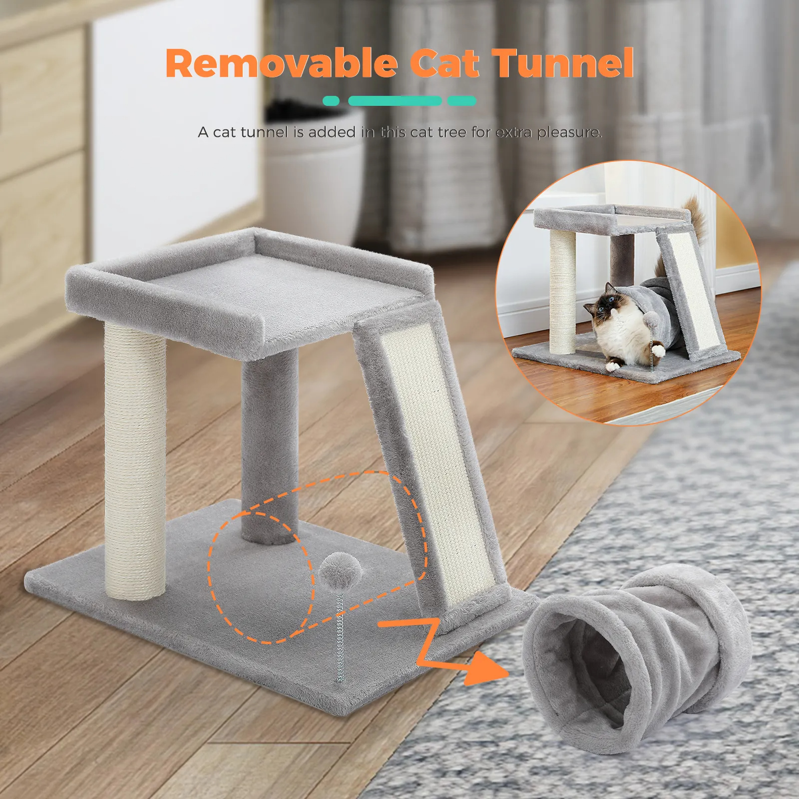 Small Cat Tree with Playing Tunnel 4-in-1 Cat Tower Sisal Scratching Post with Large Top Perch and Scratching Board for Indoor