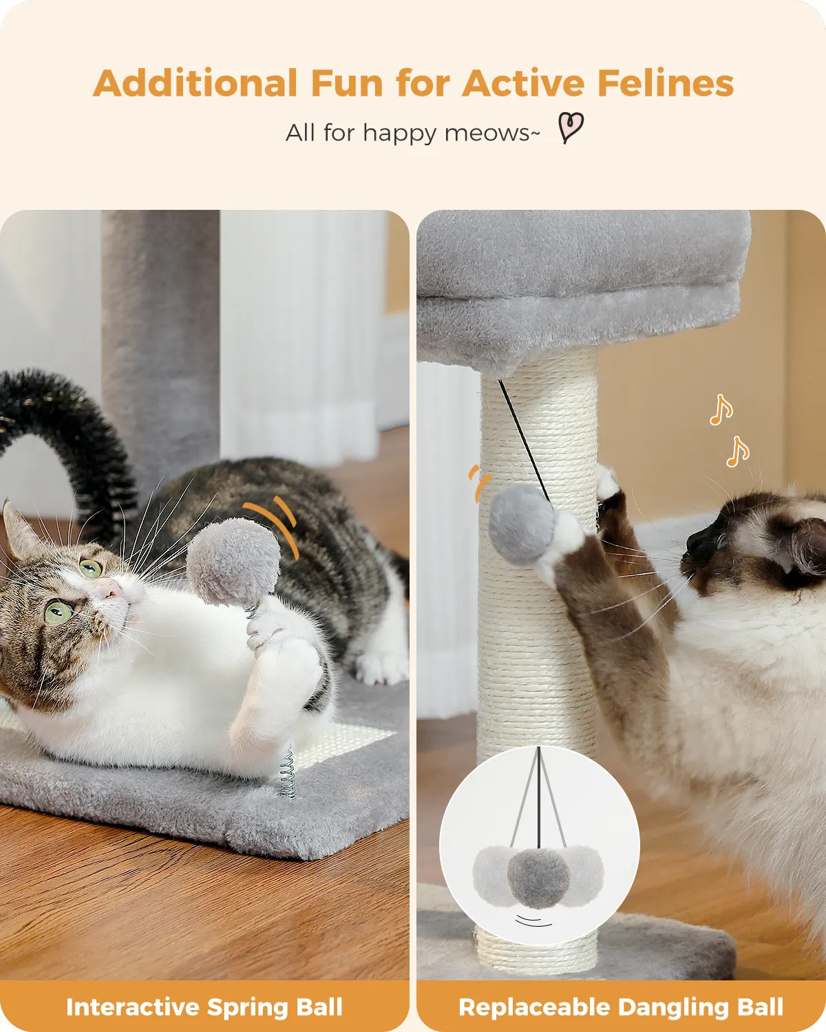 H50CM Small Cat Tree with Natural Sisal-Covered Scratching Post for Indoor Large Perch Self Grooming Brush Scratching Board ball