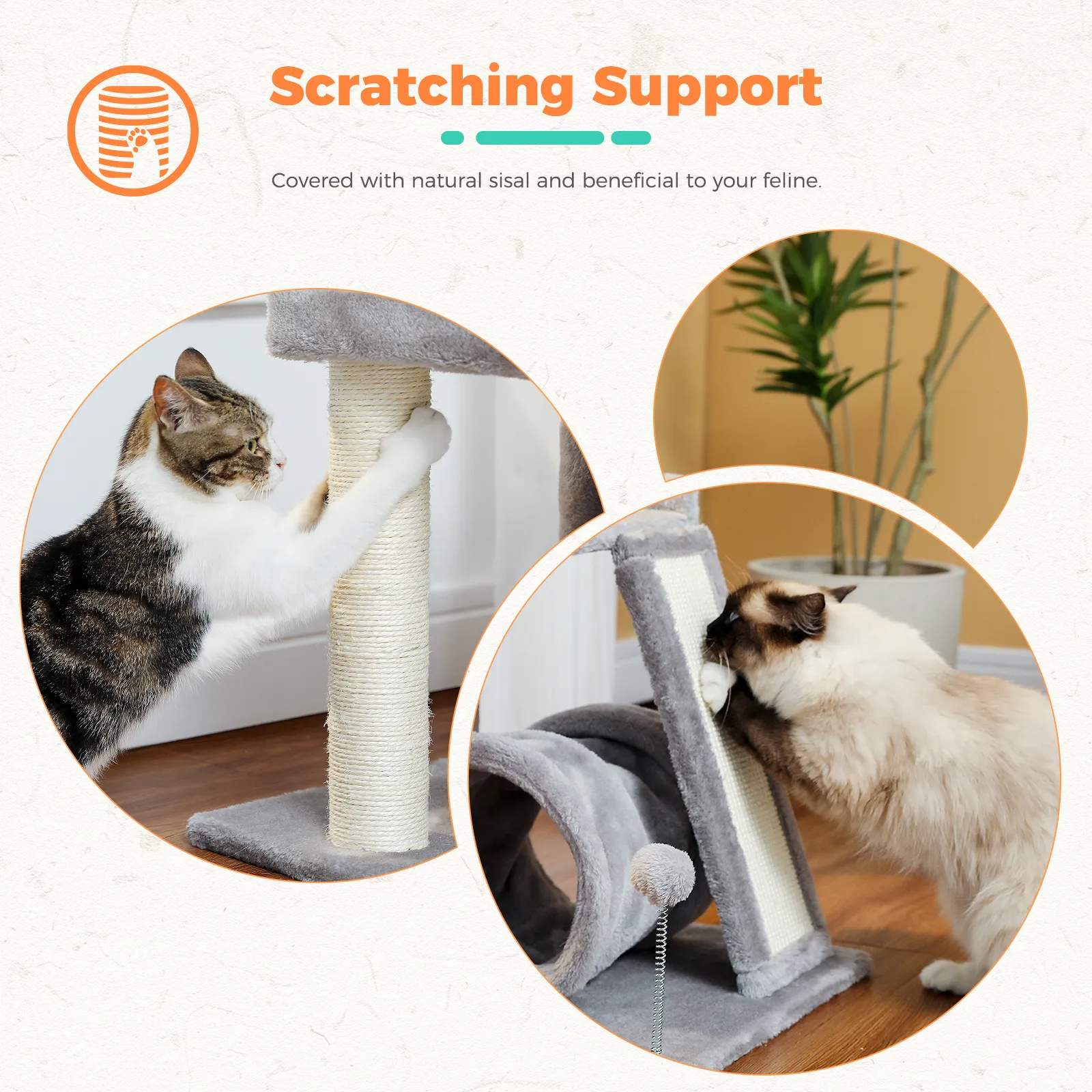 Small Cat Tree with Playing Tunnel 4-in-1 Cat Tower Sisal Scratching Post with Large Top Perch and Scratching Board for Indoor