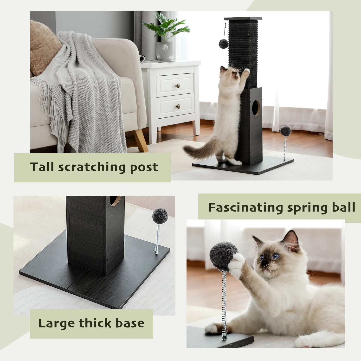 H75cm Cat Scratching Post Indoor with Plush Ball Multi-functional Tall Cat Tree Natural Durable Sisal for Cats Kitten Climbing