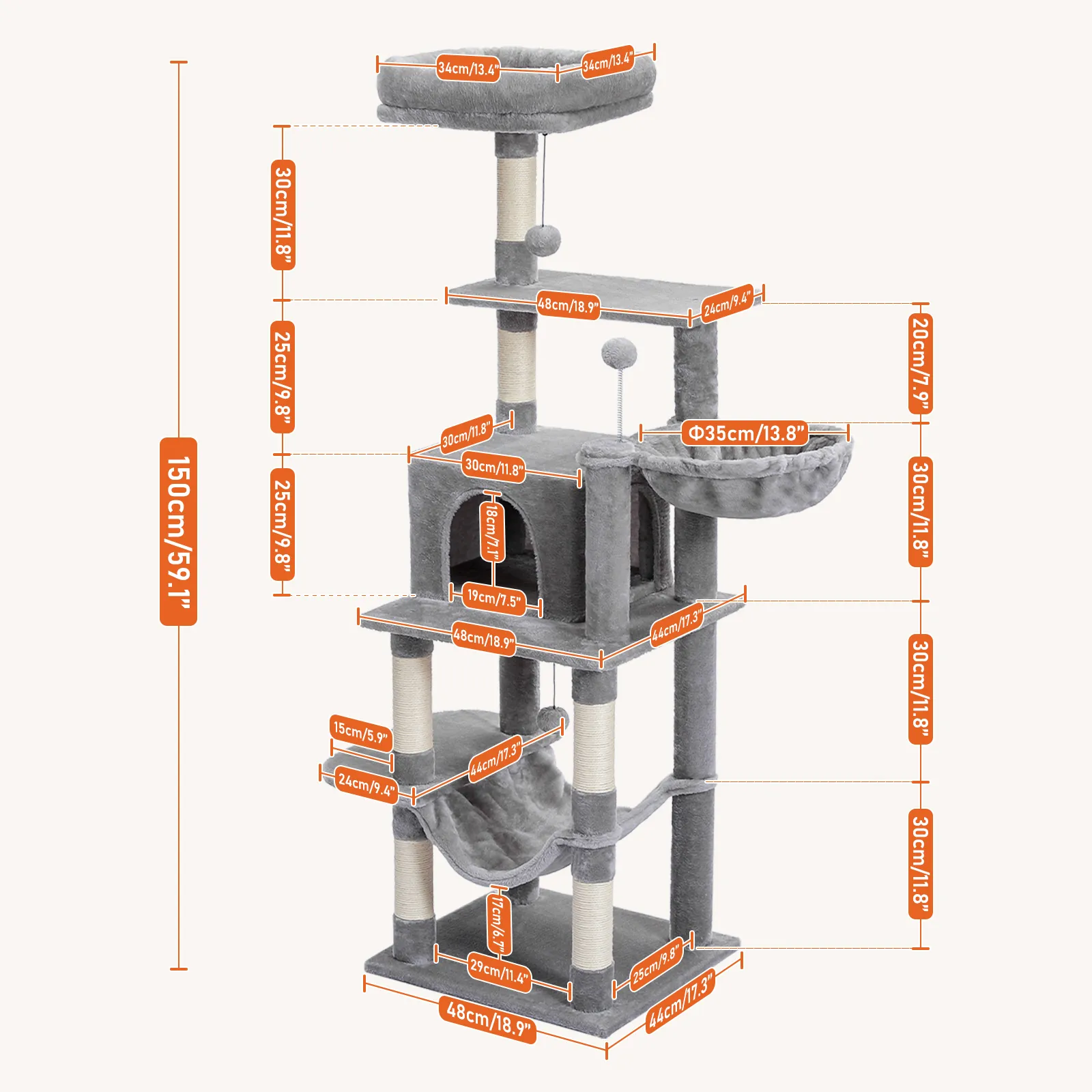 H150CM Cat Tree with Scratching Posts Deluxe Kitten Play House with Condo Large Hummock Nest Natural Sisal Kitty Climber Tower
