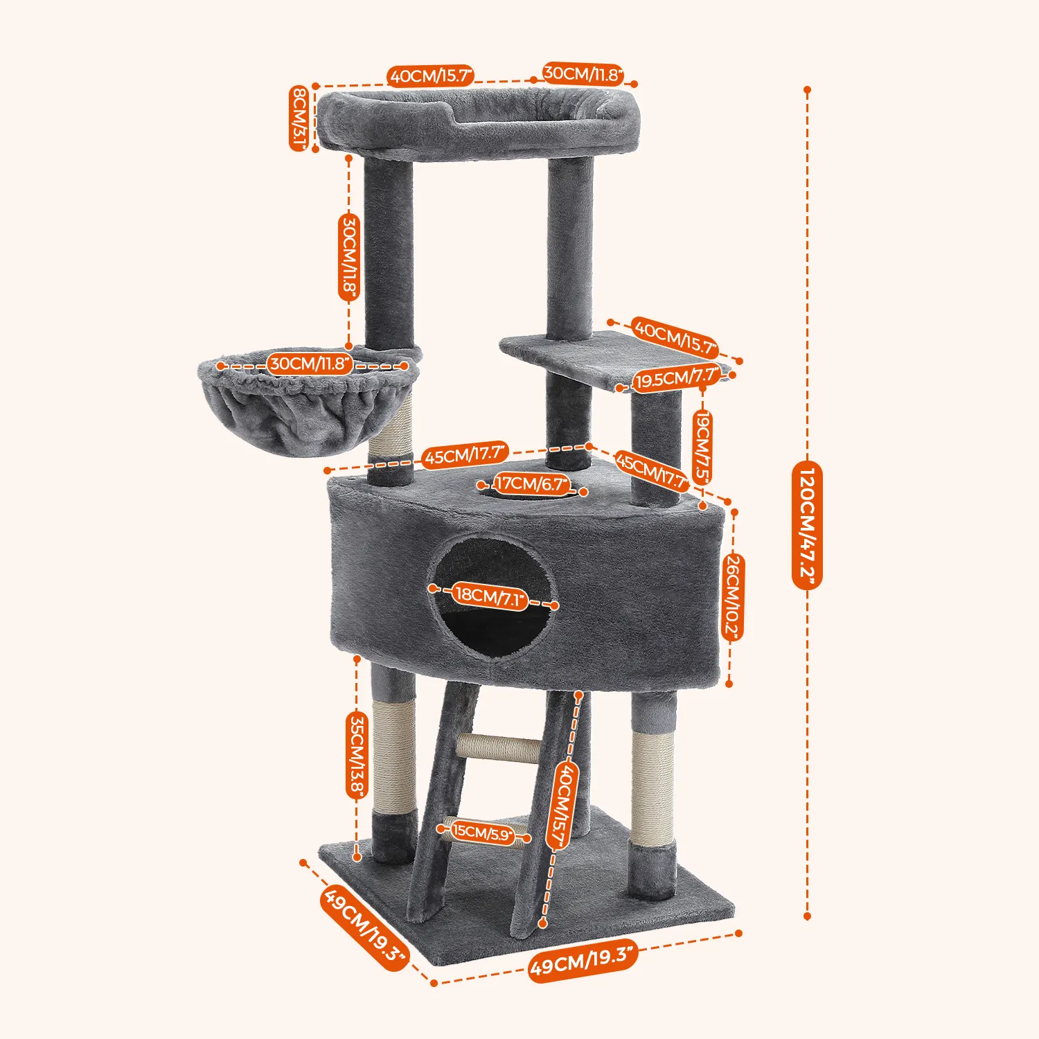 H120CM Cat Tree Condo for Indoor Self Grooming Brush Sisal Scratching Post Soft Perch House and Hanging Ball Toy Cozy Hummock