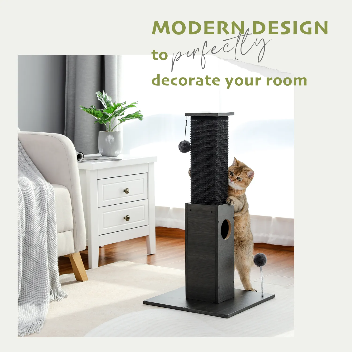 H75cm Cat Scratching Post Indoor with Plush Ball Multi-functional Tall Cat Tree Natural Durable Sisal for Cats Kitten Climbing