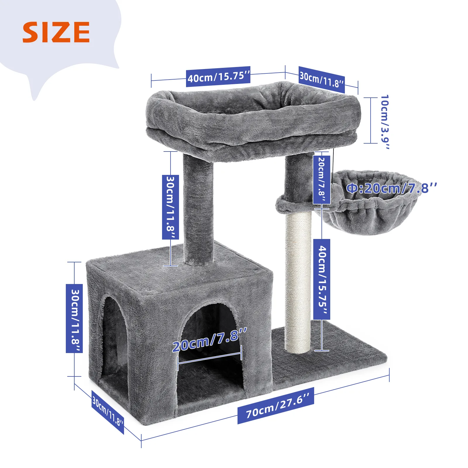 H70cm Cat Tree Condo with Natural Sisal-Covered Scratching Posts for Active Cat Indoor Kitten Large Top Perch Cozy Hummock House