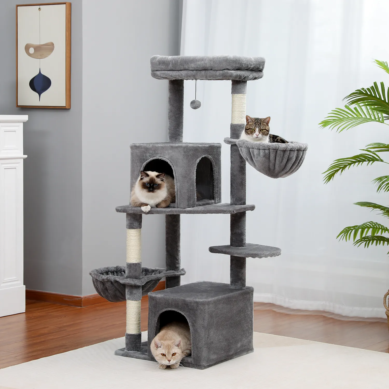 H138CM Luxury Cat Tree for Indoor Multi-Level Tower Double Condo Top Large Perch Comfy Hummock Natural Sisal Scratching Post Toy