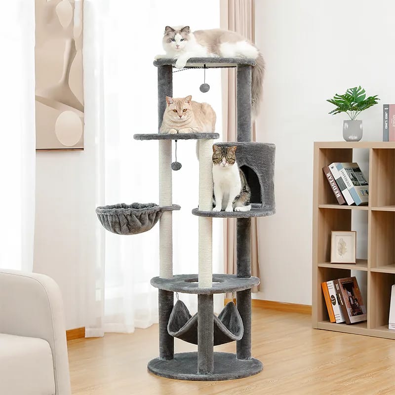H152CM Large Cat Tree Tower Condo Perch Sisal Scratching Posts for Kitten Multi-Level Tower with Fully Ball Hummock Grey & Beige