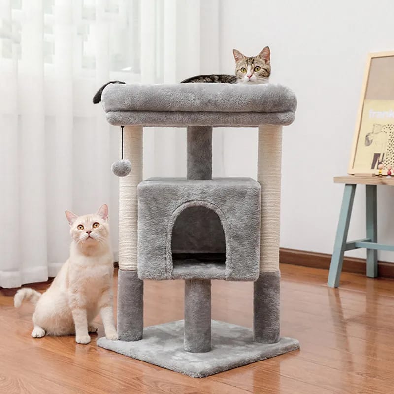 H72cm Pet Cat Tree Condo Large Top Perch Climbing Tower Multi-layer With Ball Hammock Furniture Solid Natural Scratching Post
