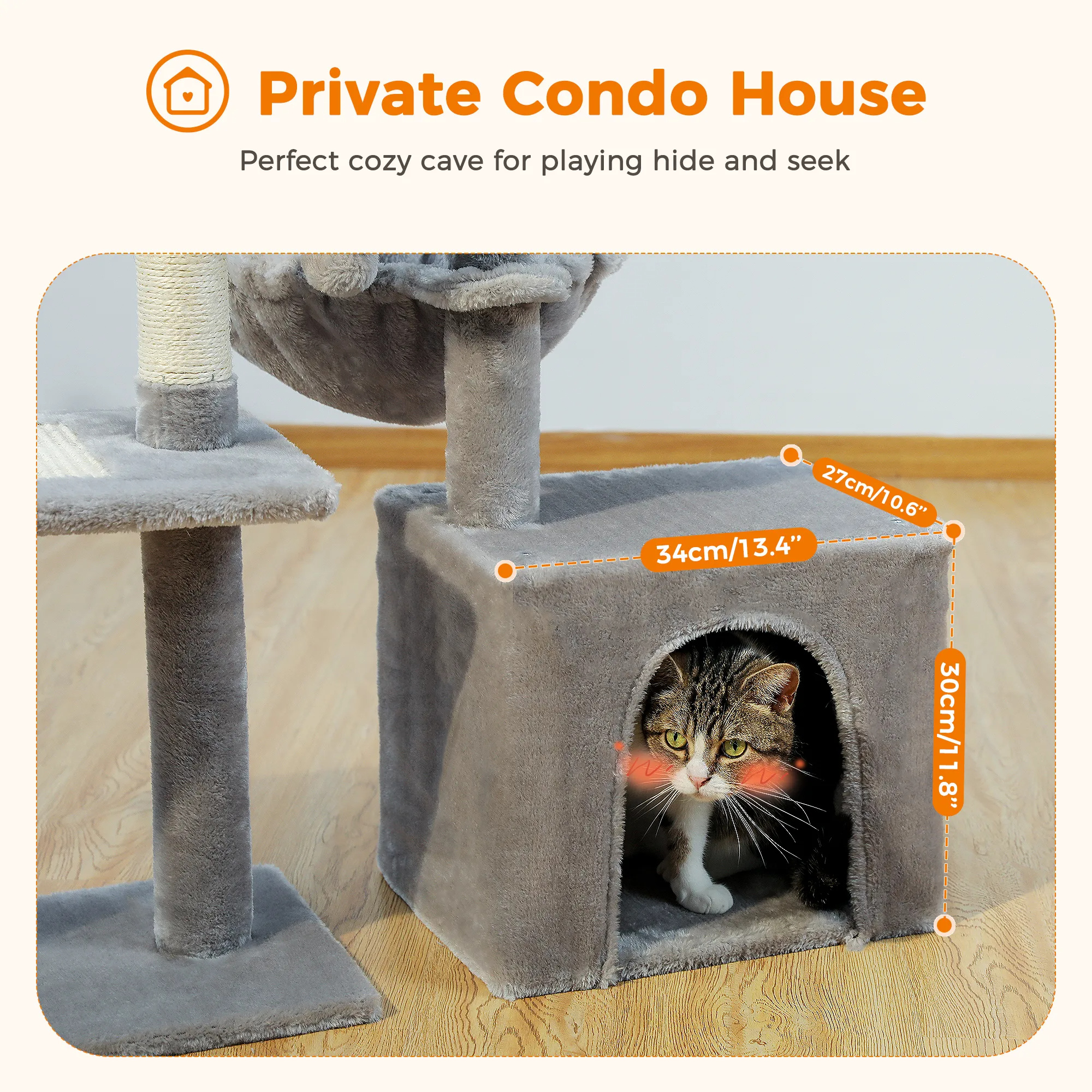H73CM 2in1 Small Cat Tree Condo for Indoor Funny Sisal-Covered Scratching Post and Board for Kitten Large Top Perch Cozy Hummock
