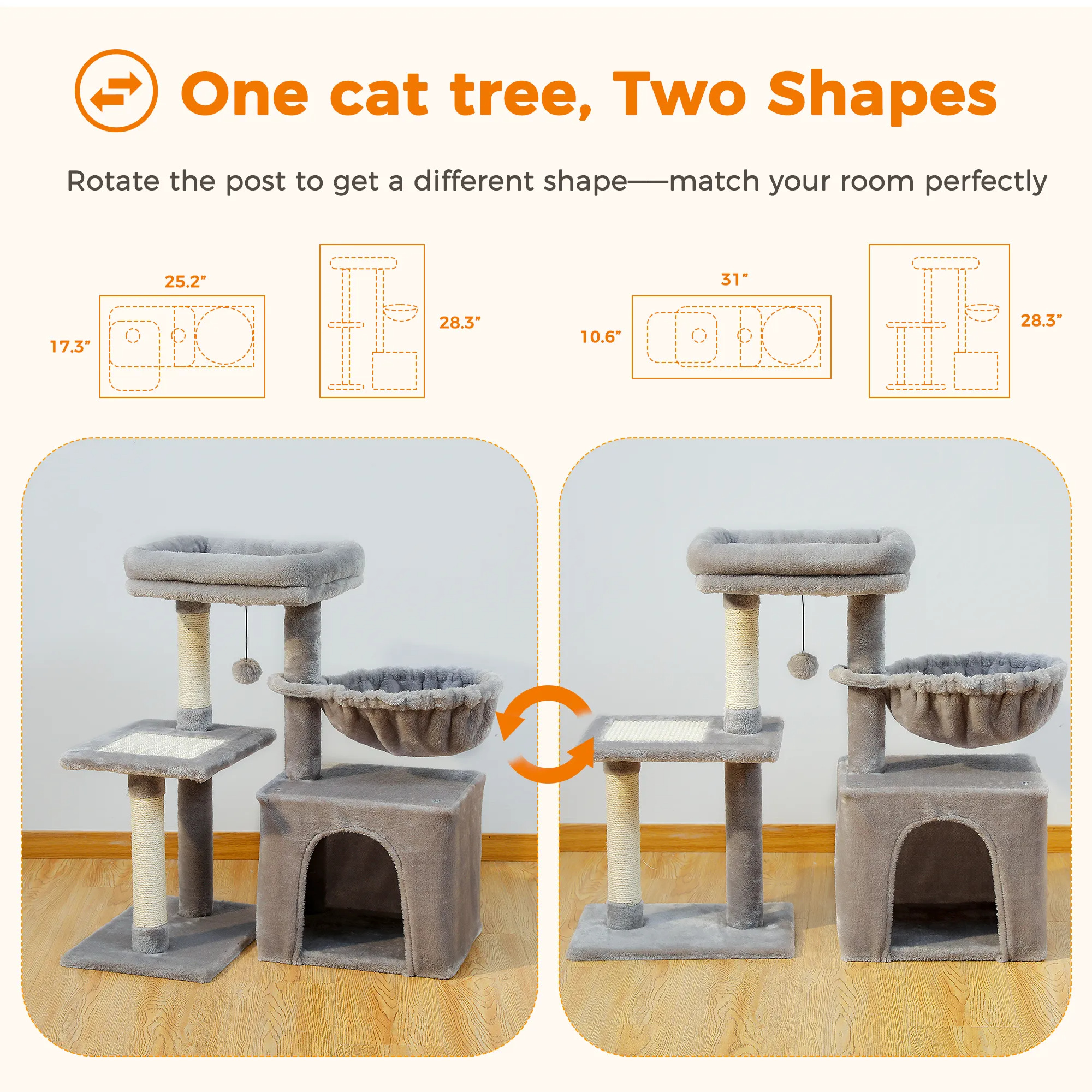 H73CM 2in1 Small Cat Tree Condo for Indoor Funny Sisal-Covered Scratching Post and Board for Kitten Large Top Perch Cozy Hummock