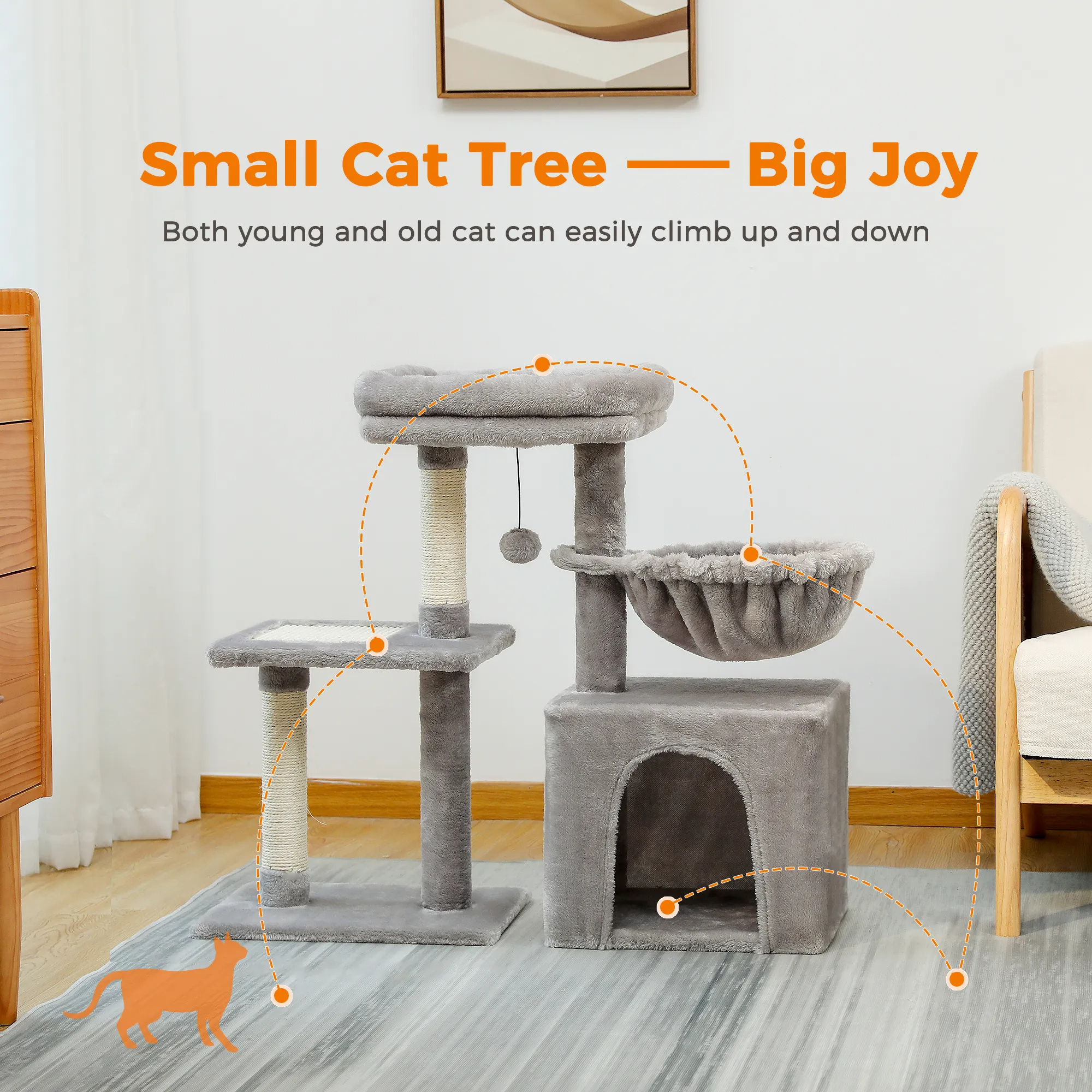 H73CM 2in1 Small Cat Tree Condo for Indoor Funny Sisal-Covered Scratching Post and Board for Kitten Large Top Perch Cozy Hummock