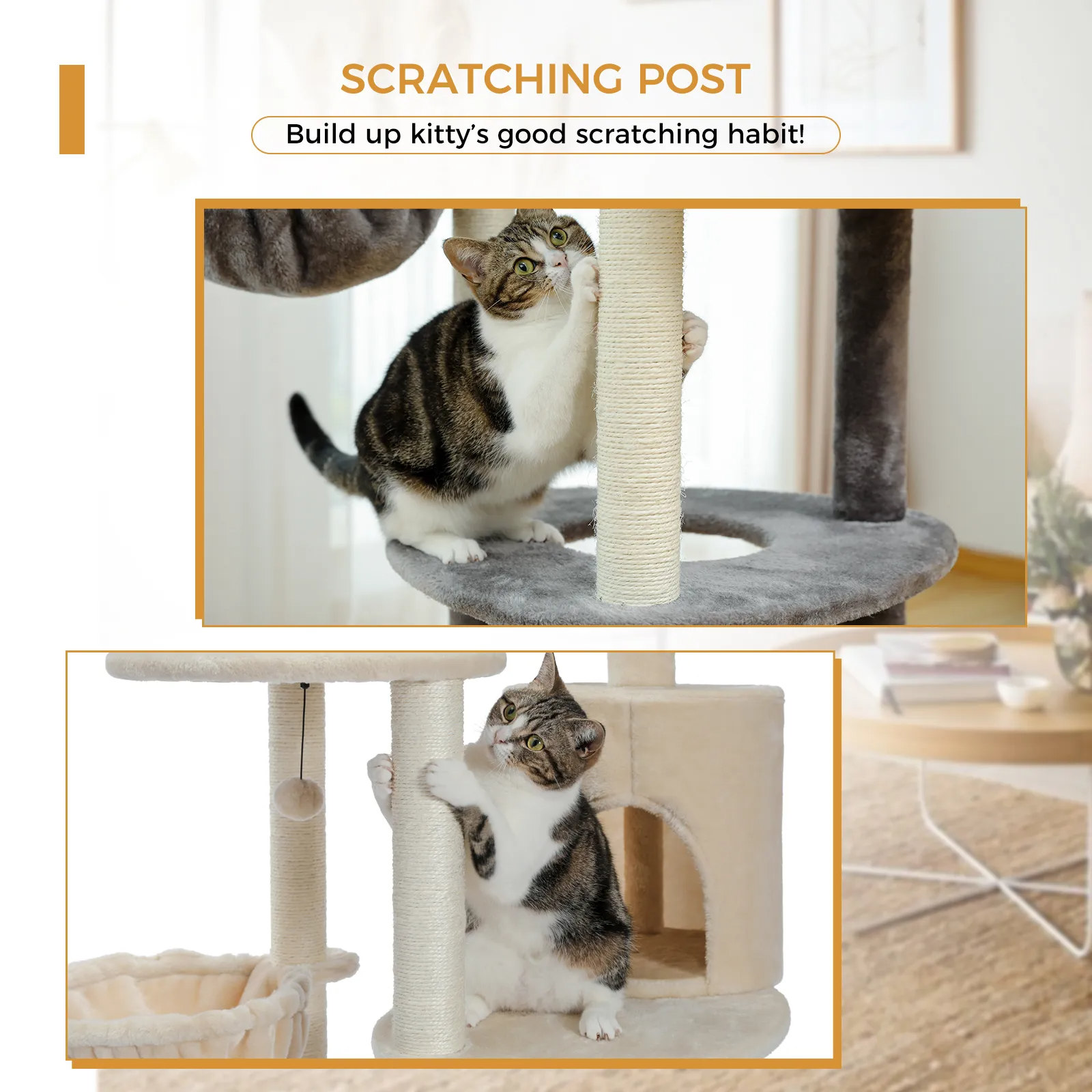 H152CM Large Cat Tree Tower Condo Perch Sisal Scratching Posts for Kitten Multi-Level Tower with Fully Ball Hummock Grey & Beige
