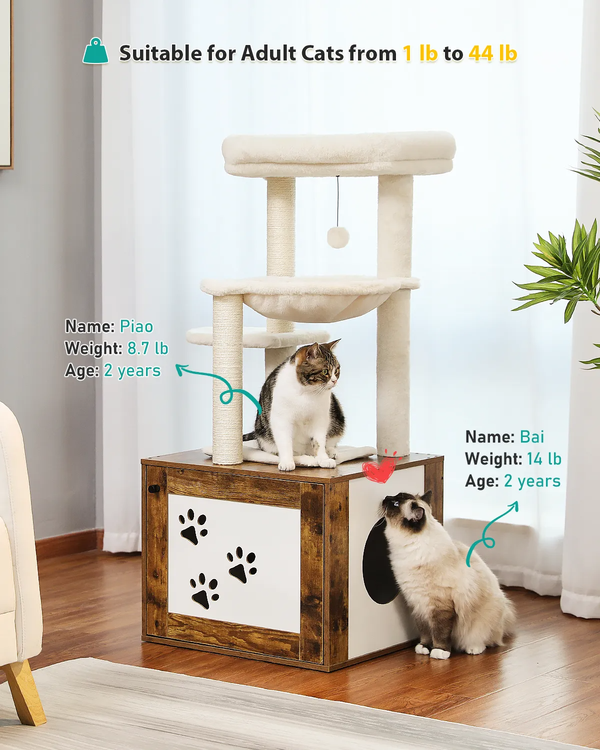 Height 117CM Luxury Modern Cat Tree with Cabinet Tower Wood Furniture with Litter Box Enclosure House Large Top Perch Nest Condo