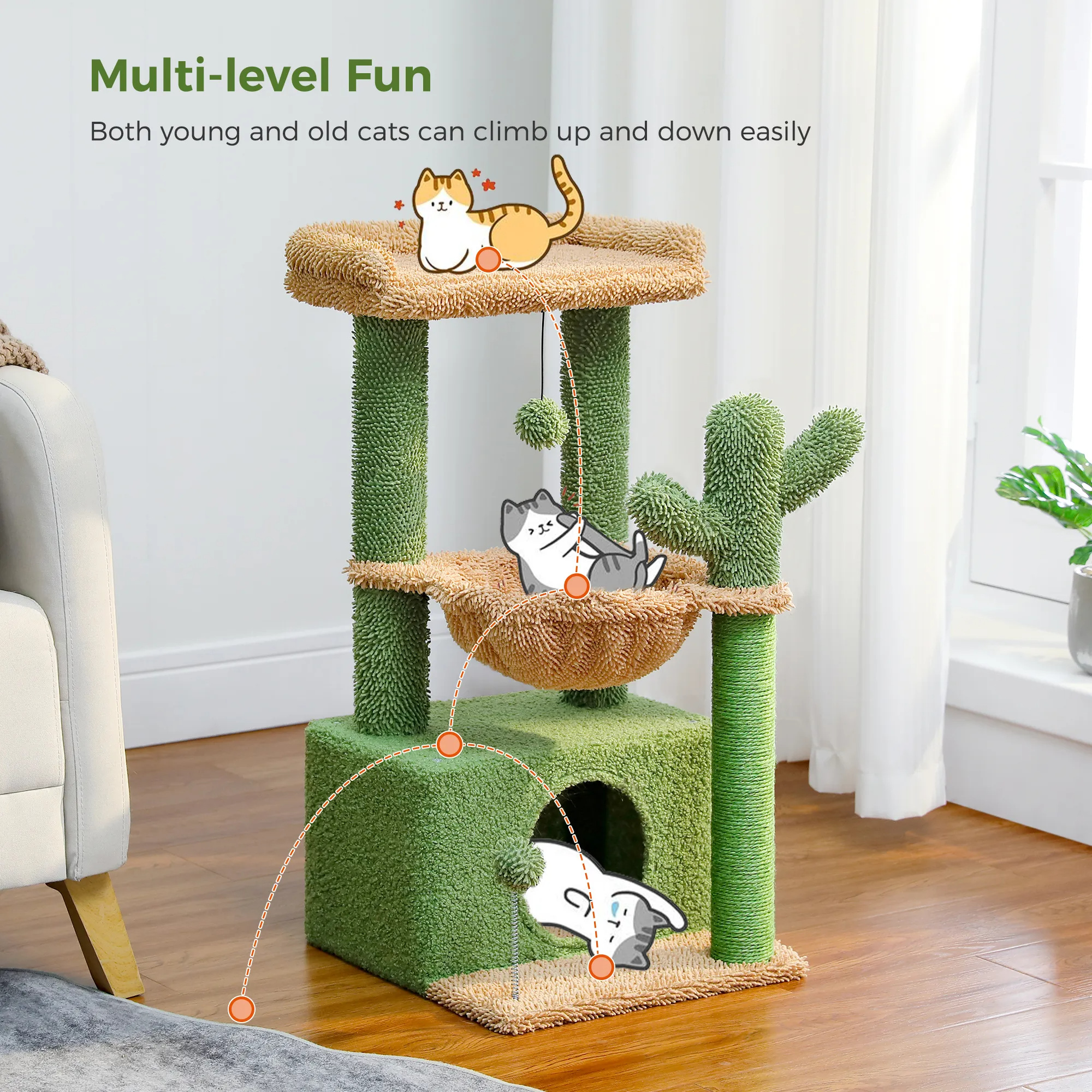 H107/83CM 2 Size Cactus Cat Tree for Indoor Cat Tower Toy Large Top Perch Sisal Covered Scratching Posts& Pad Hummock Big Condo