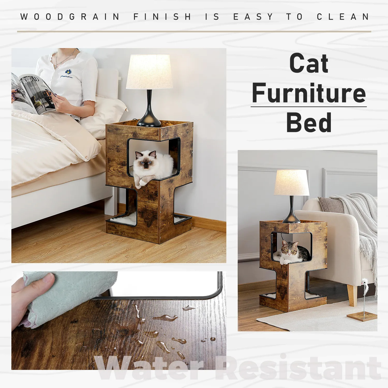 Modern Cat Tree with Scratcher Board Furniture Bed 3 Levels Spacious Top Scratching Pad Stand House Removable Soft Cushion Toys