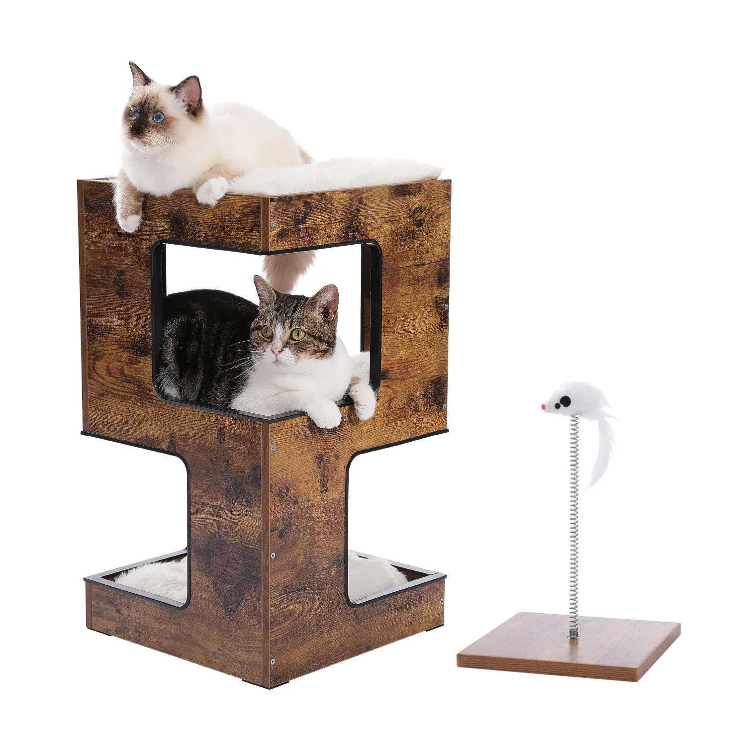 Modern Cat Tree with Scratcher Board Furniture Bed 3 Levels Spacious Top Scratching Pad Stand House Removable Soft Cushion Toys