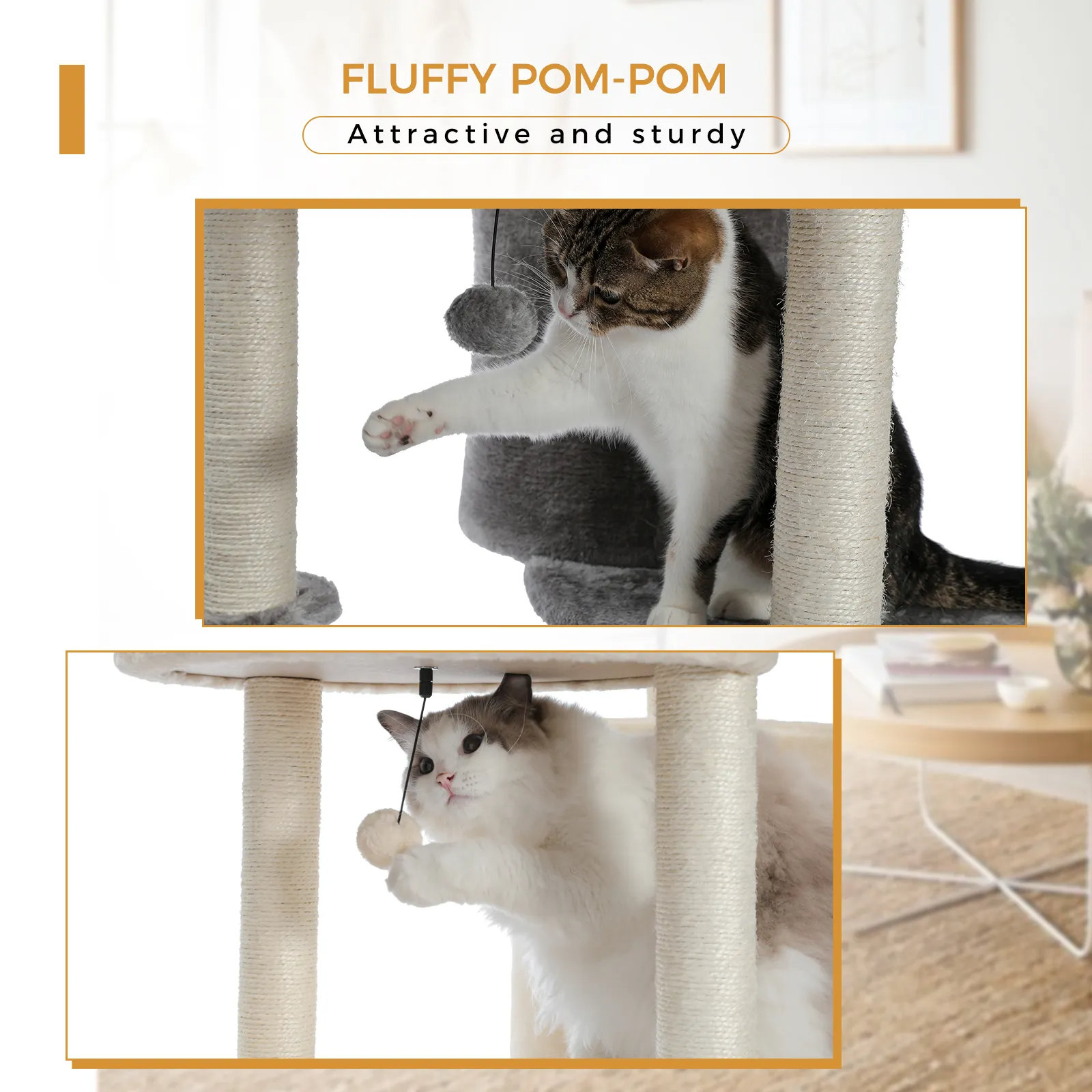 H152CM Large Cat Tree Tower Condo Perch Sisal Scratching Posts for Kitten Multi-Level Tower with Fully Ball Hummock Grey & Beige