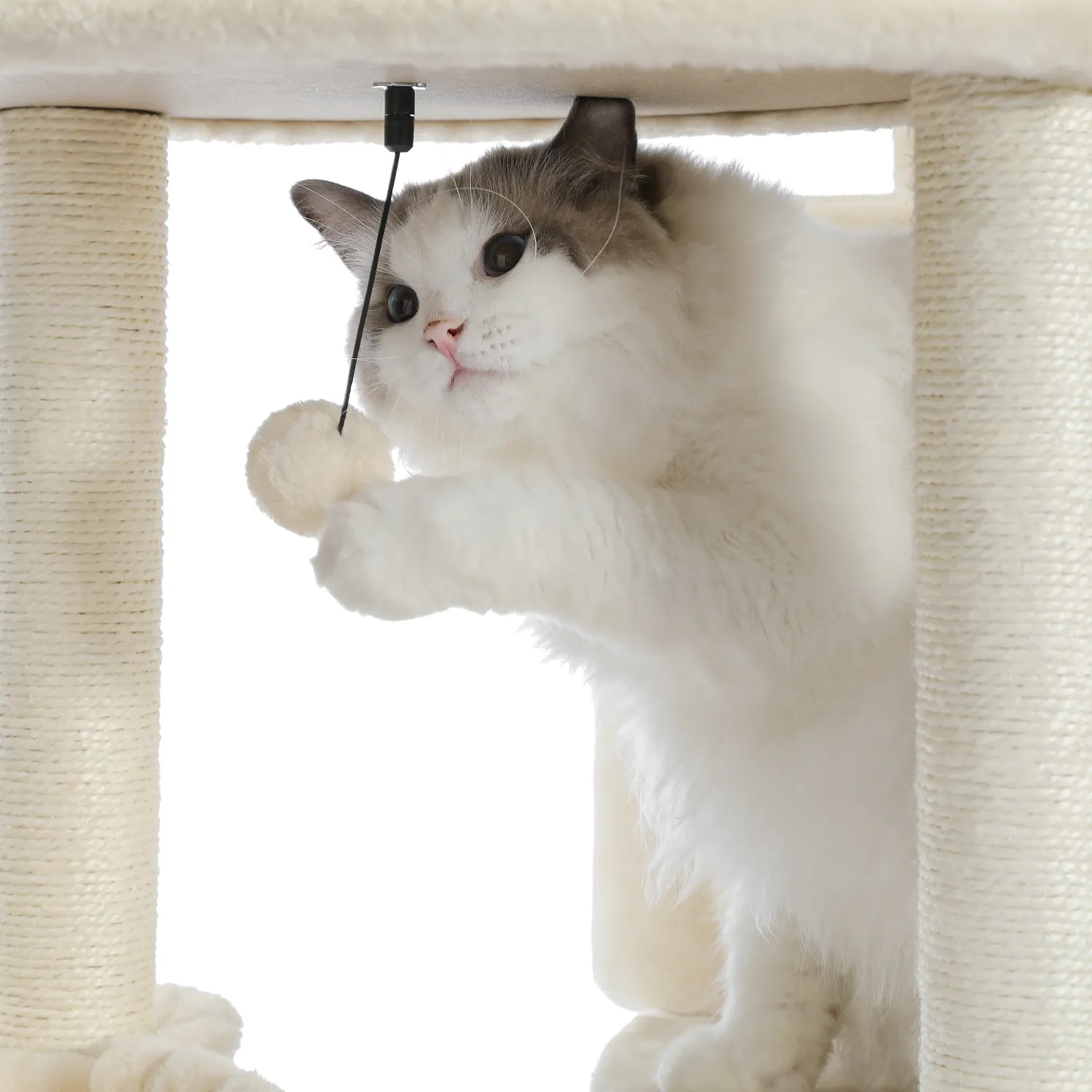H152CM Large Cat Tree Tower Condo Perch Sisal Scratching Posts for Kitten Multi-Level Tower with Fully Ball Hummock Grey & Beige